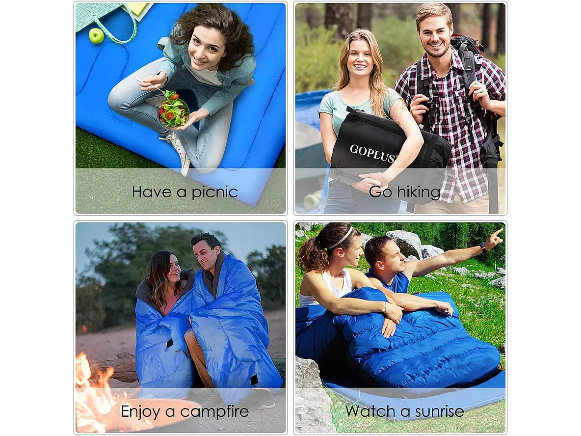 Dubbele slaapzak 2 persoons,220x150cm, waterdichte lichtgewicht slaapzak met 2 kussens en draagtas voor kamperen,wandelen en reizen (Blauw)AB5872