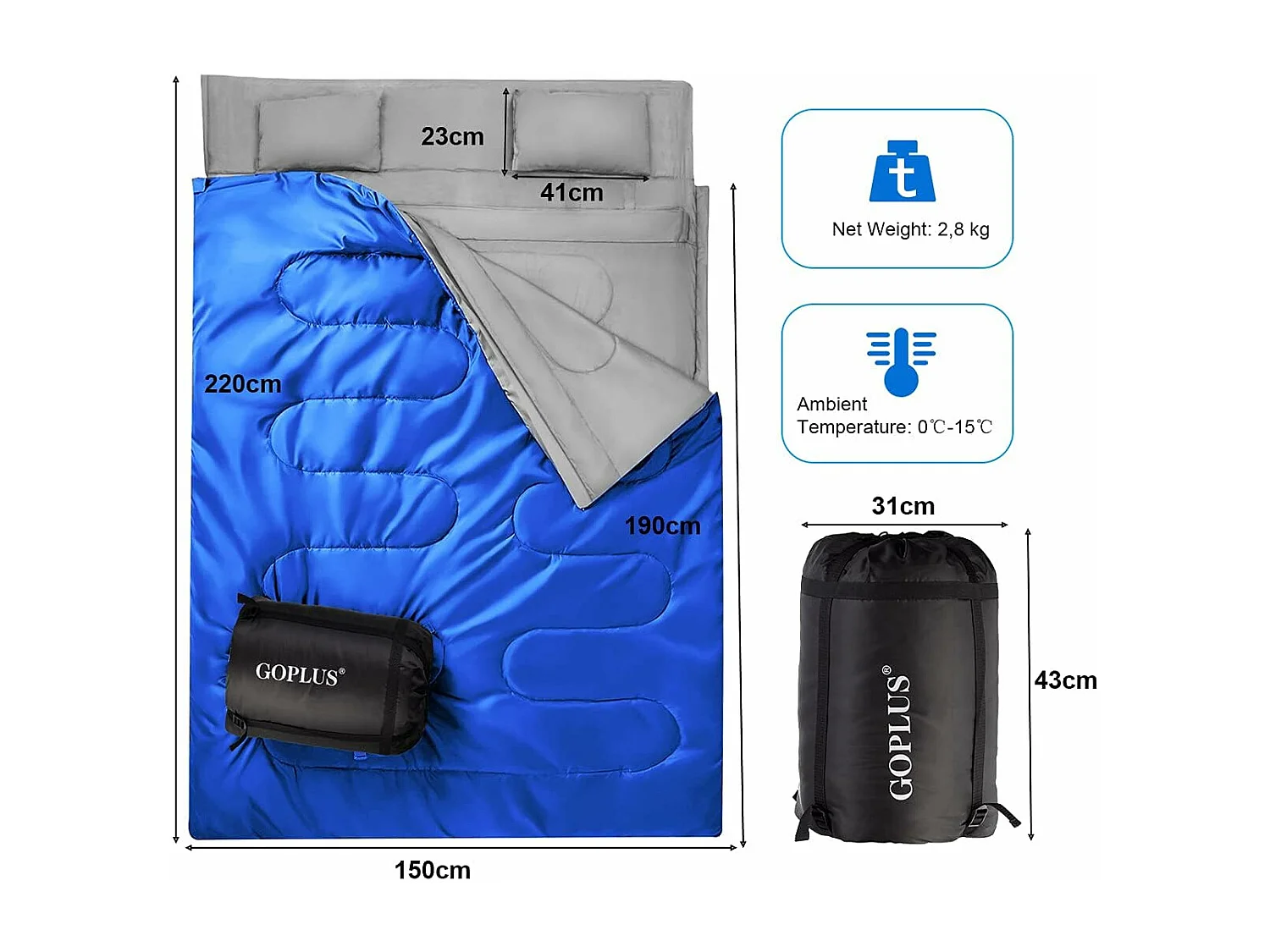 Dubbele slaapzak 2 persoons,220x150cm, waterdichte lichtgewicht slaapzak met 2 kussens en draagtas voor kamperen,wandelen en reizen (Blauw)AB5872