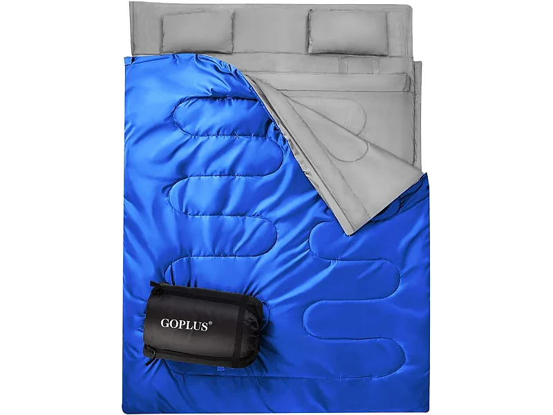 Dubbele slaapzak 2 persoons,220x150cm, waterdichte lichtgewicht slaapzak met 2 kussens en draagtas voor kamperen,wandelen en reizen (Blauw)AB5872