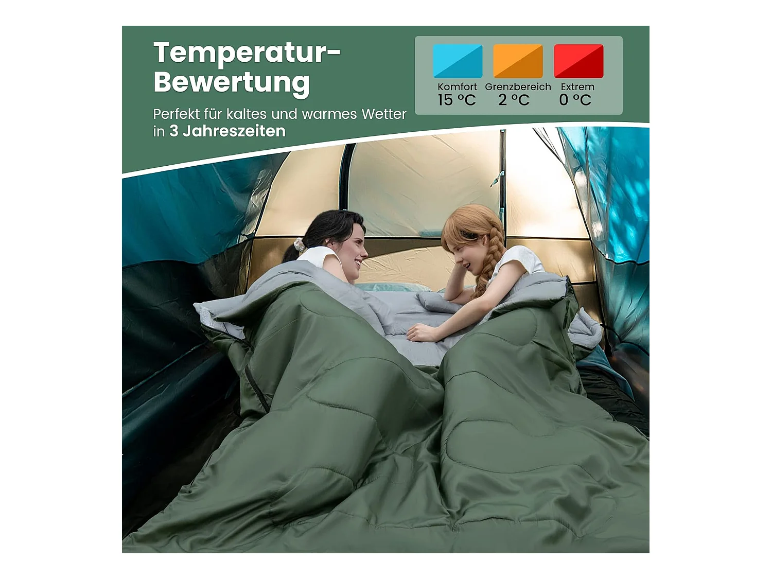 2-in-1 dubbele slaapzak, enkele slaapzak XL, dekenslaapzak voor 2 personen,220x150cm,wandelen, activiteiten in de open lucht (groen)AB5872