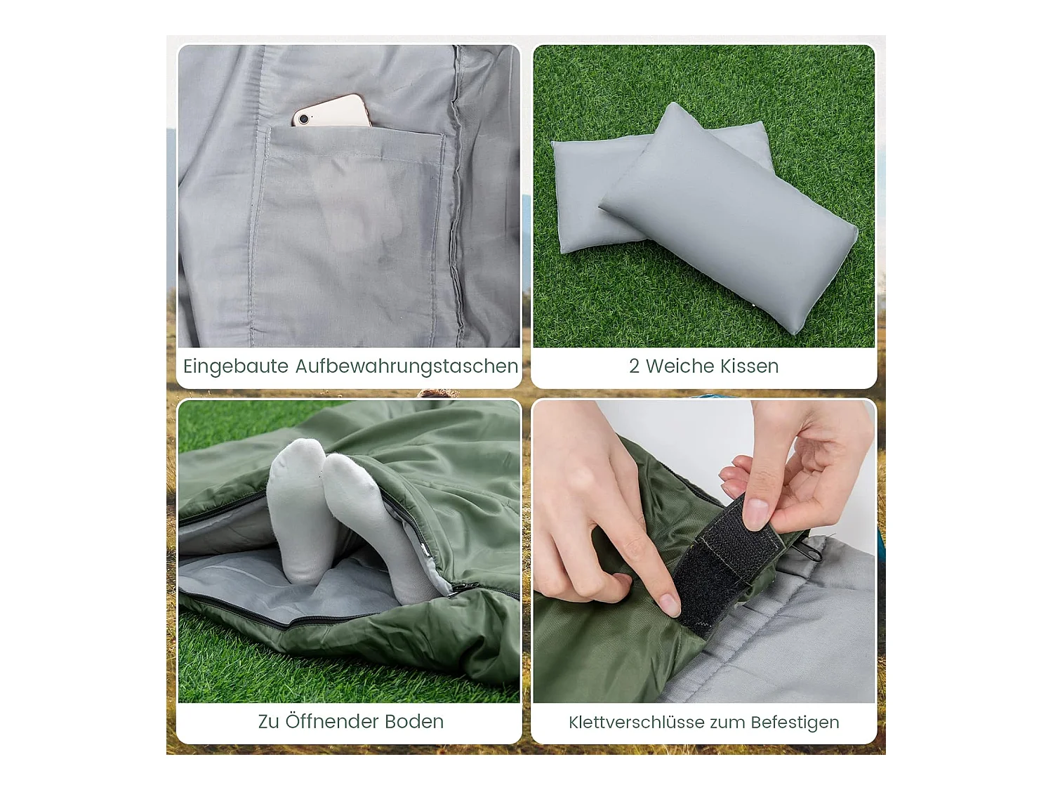 2-in-1 dubbele slaapzak, enkele slaapzak XL, dekenslaapzak voor 2 personen,220x150cm,wandelen, activiteiten in de open lucht (groen)AB5872