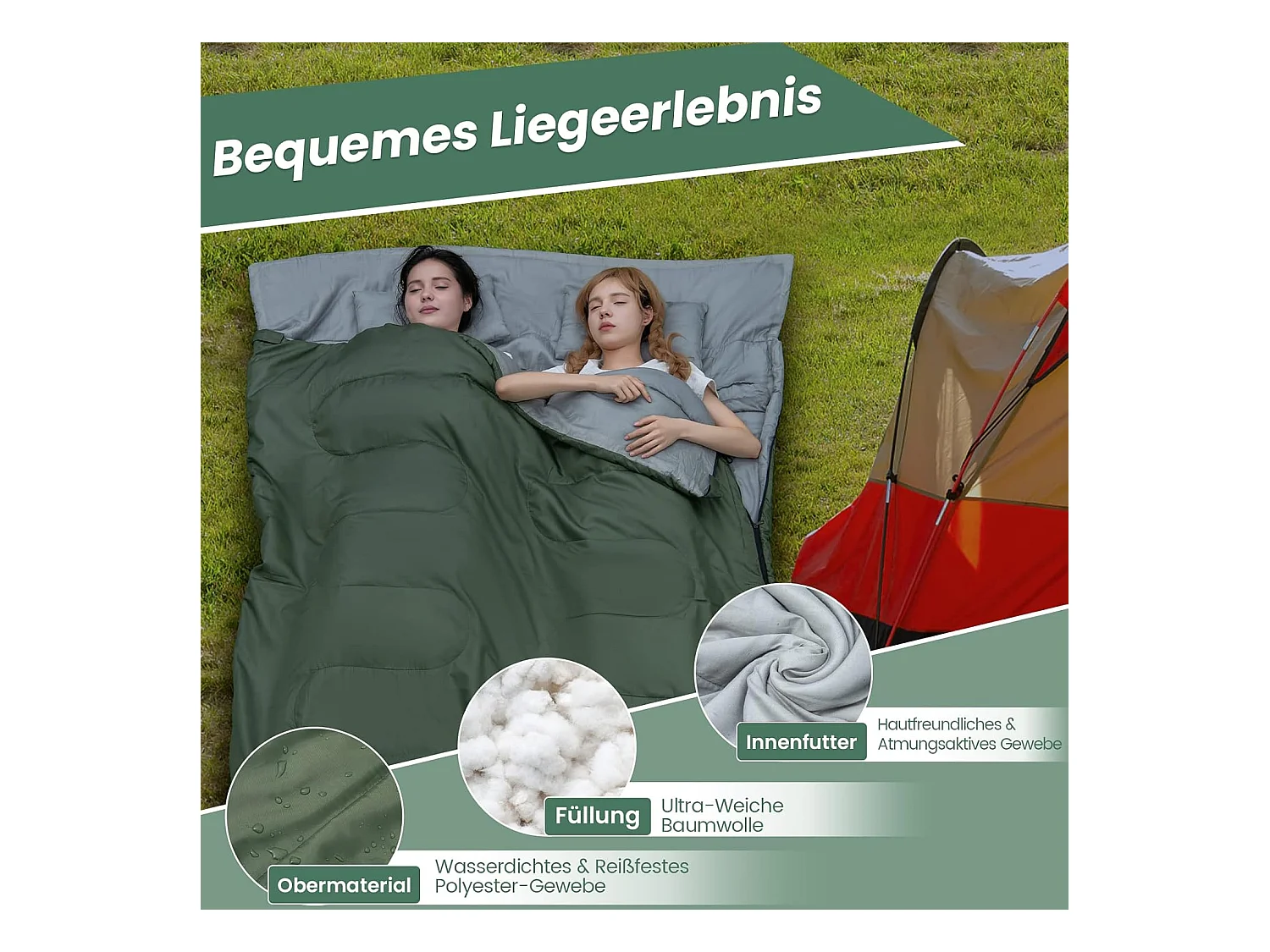 2-in-1 dubbele slaapzak, enkele slaapzak XL, dekenslaapzak voor 2 personen,220x150cm,wandelen, activiteiten in de open lucht (groen)AB5872