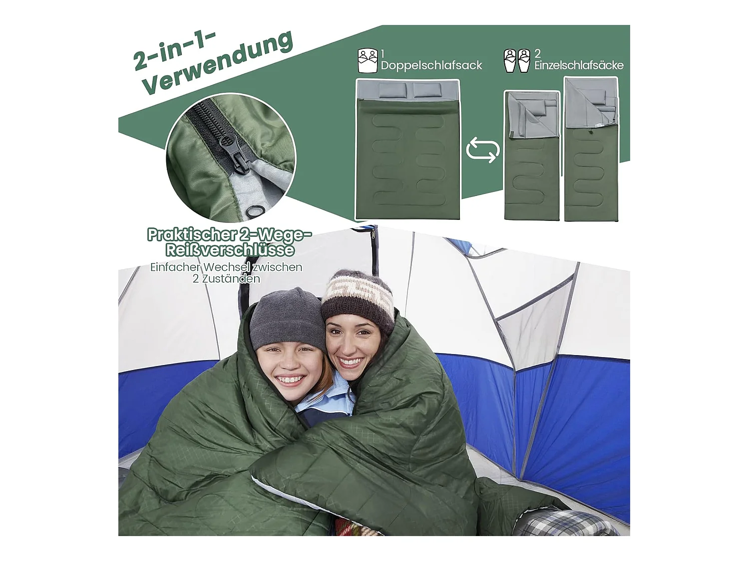 2-in-1 dubbele slaapzak, enkele slaapzak XL, dekenslaapzak voor 2 personen,220x150cm,wandelen, activiteiten in de open lucht (groen)AB5872