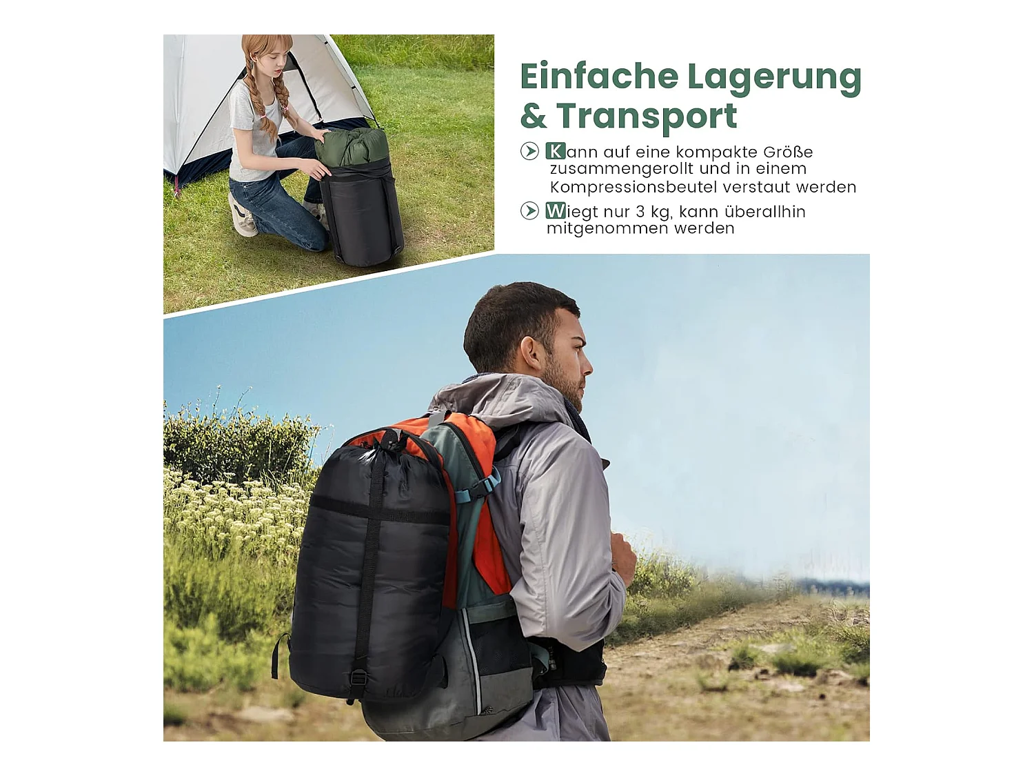 2-in-1 dubbele slaapzak, enkele slaapzak XL, dekenslaapzak voor 2 personen,220x150cm,wandelen, activiteiten in de open lucht (groen)AB5872