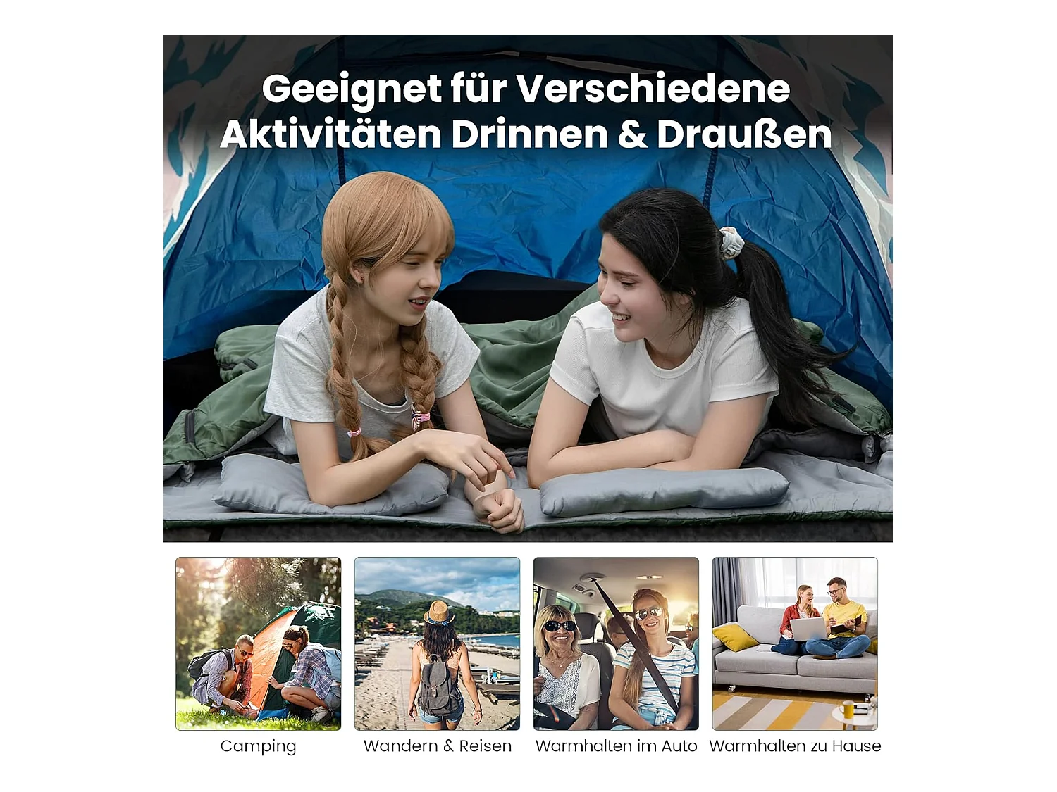 2-in-1 dubbele slaapzak, enkele slaapzak XL, dekenslaapzak voor 2 personen,220x150cm,wandelen, activiteiten in de open lucht (groen)AB5872