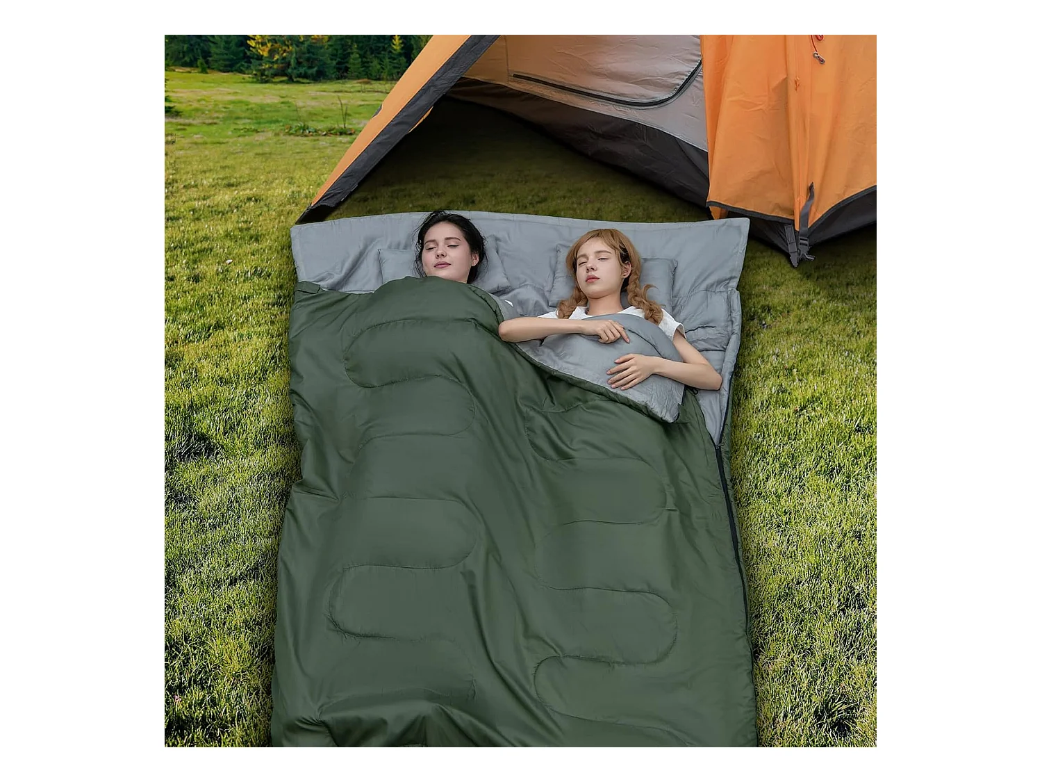 2-in-1 dubbele slaapzak, enkele slaapzak XL, dekenslaapzak voor 2 personen,220x150cm,wandelen, activiteiten in de open lucht (groen)AB5872