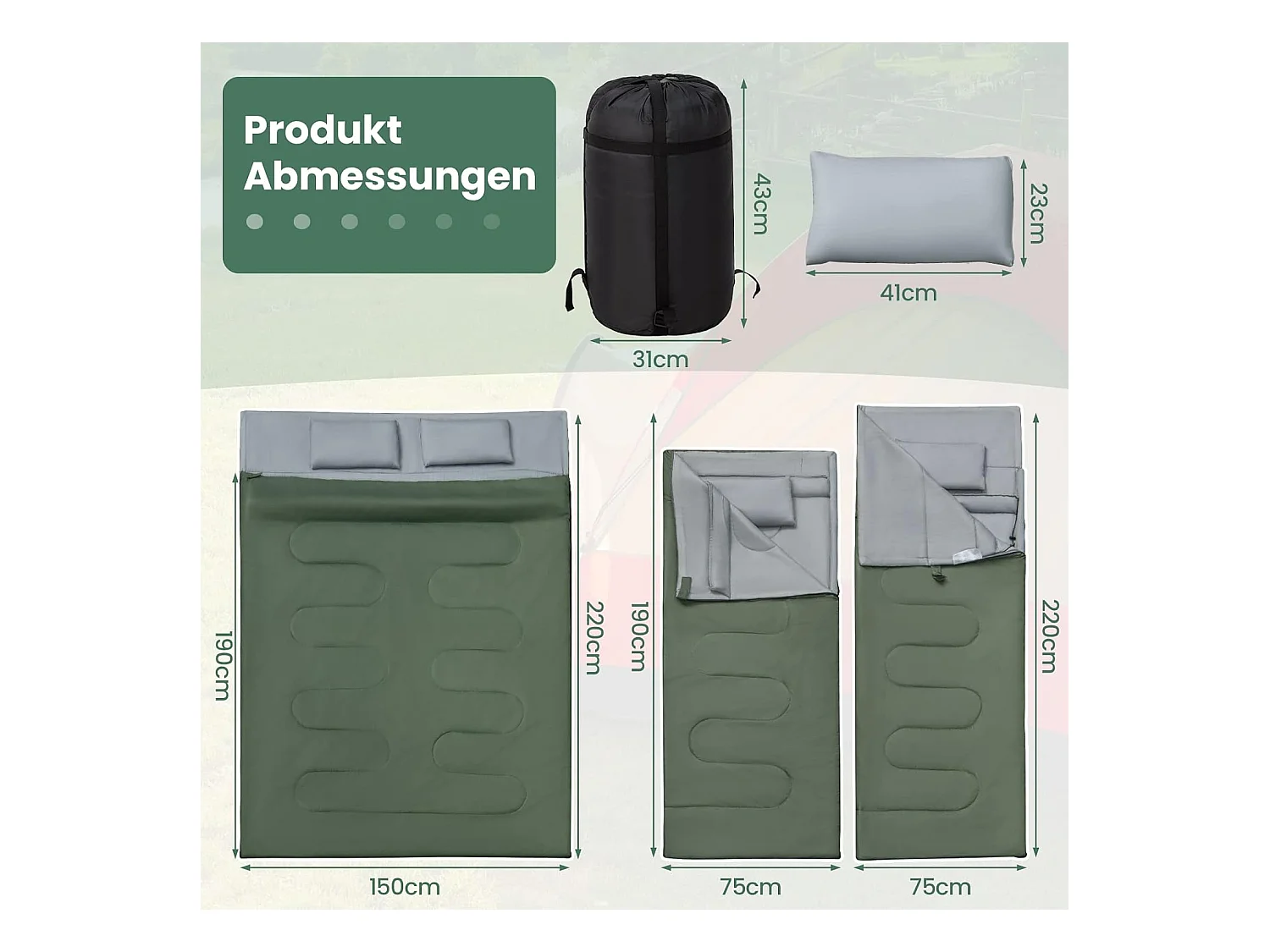 2-in-1 dubbele slaapzak, enkele slaapzak XL, dekenslaapzak voor 2 personen,220x150cm,wandelen, activiteiten in de open lucht (groen)AB5872