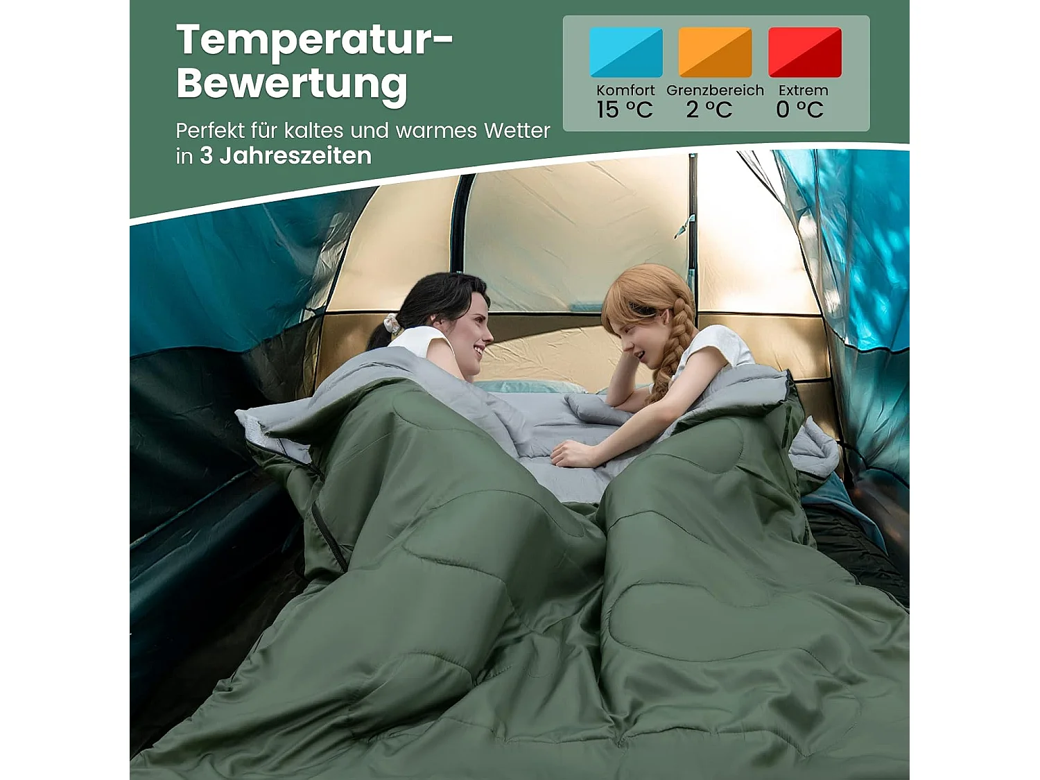 2-in-1 dubbele slaapzak, enkele slaapzak XL, dekenslaapzak voor 2 personen,220x150cm,wandelen, activiteiten in de open lucht (groen)AB5872