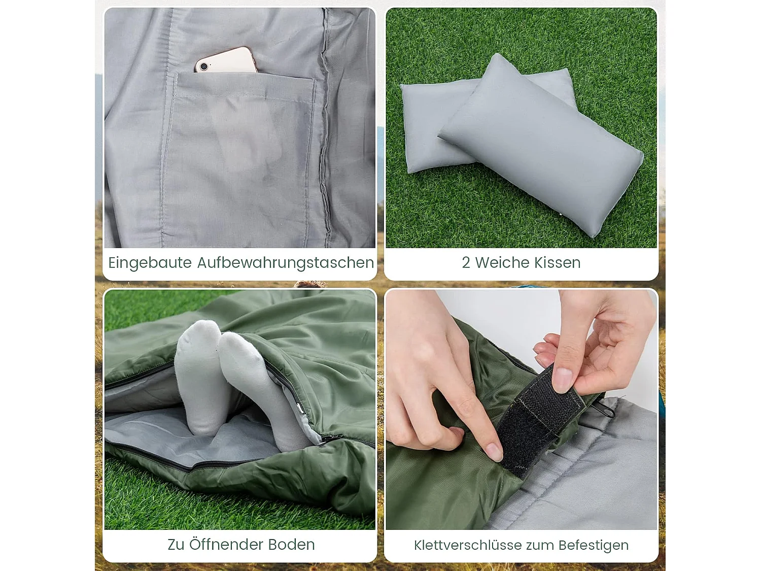 2-in-1 dubbele slaapzak, enkele slaapzak XL, dekenslaapzak voor 2 personen,220x150cm,wandelen, activiteiten in de open lucht (groen)AB5872