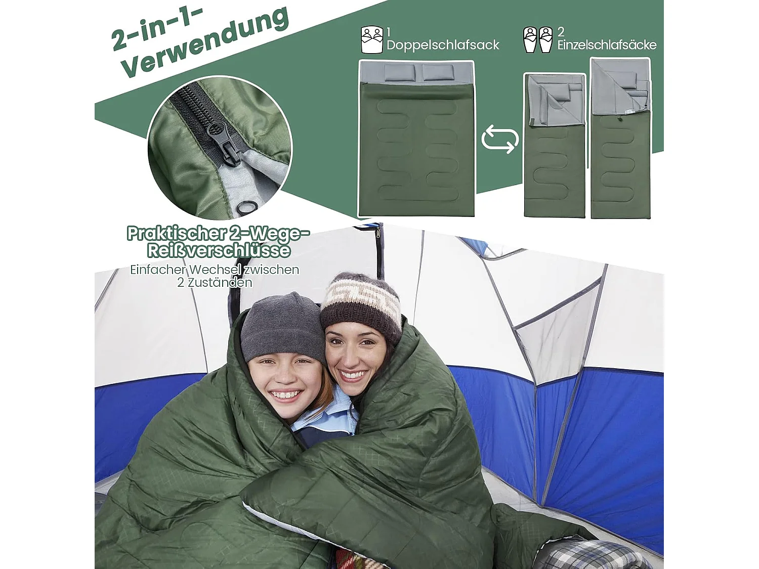 2-in-1 dubbele slaapzak, enkele slaapzak XL, dekenslaapzak voor 2 personen,220x150cm,wandelen, activiteiten in de open lucht (groen)AB5872