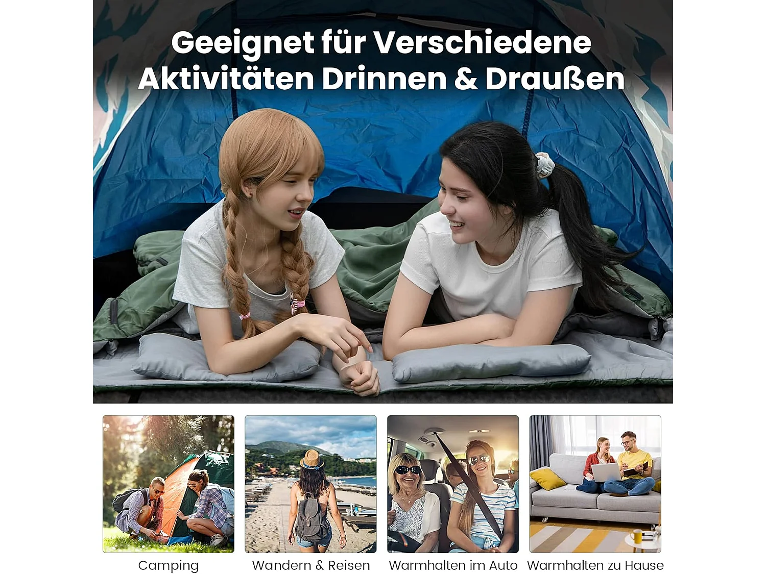 2-in-1 dubbele slaapzak, enkele slaapzak XL, dekenslaapzak voor 2 personen,220x150cm,wandelen, activiteiten in de open lucht (groen)AB5872