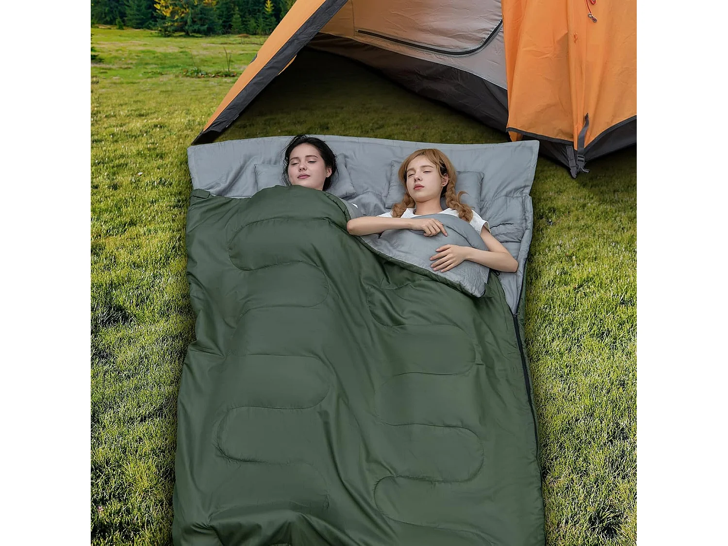 2-in-1 dubbele slaapzak, enkele slaapzak XL, dekenslaapzak voor 2 personen,220x150cm,wandelen, activiteiten in de open lucht (groen)AB5872