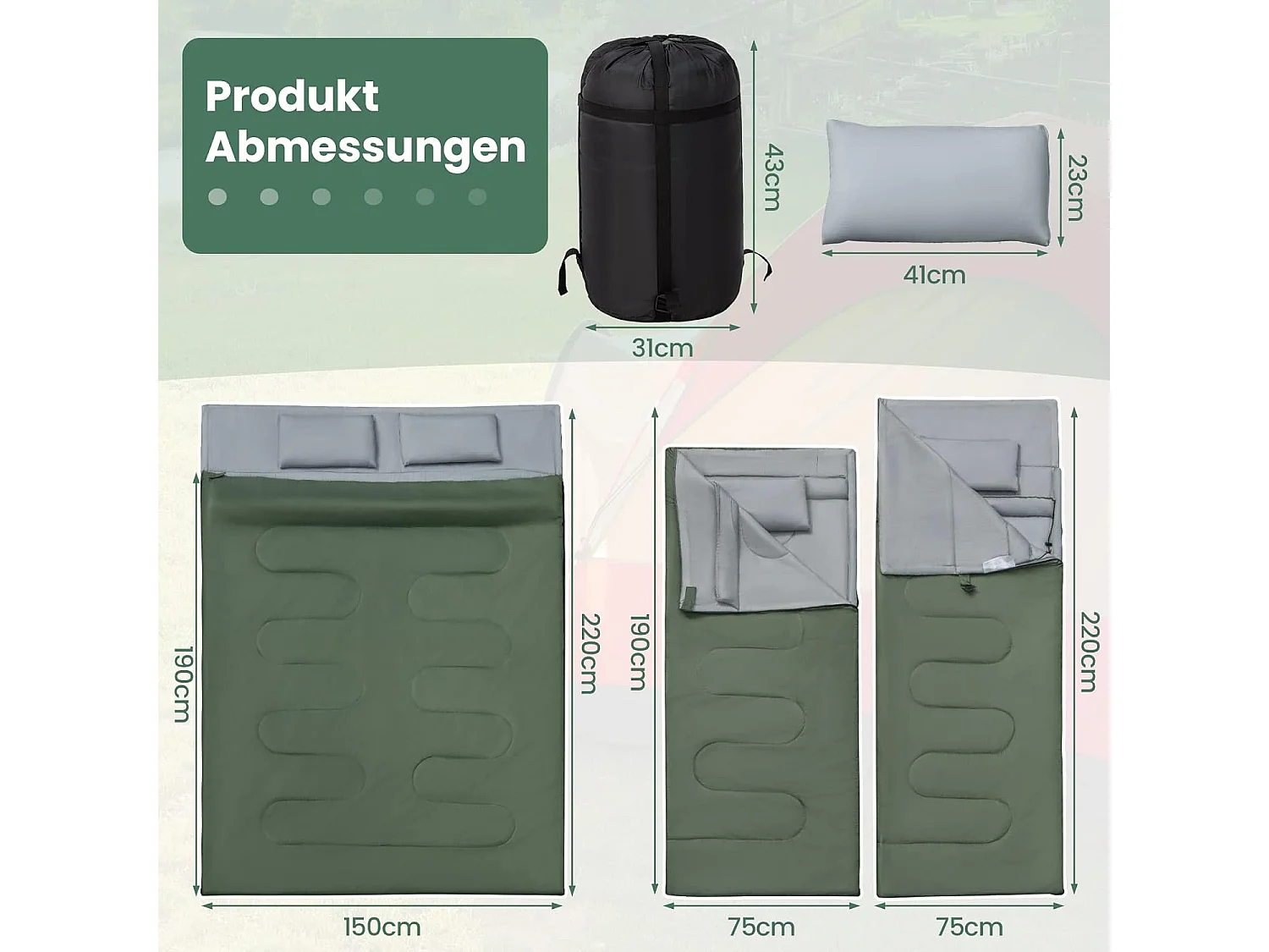 2-in-1 dubbele slaapzak, enkele slaapzak XL, dekenslaapzak voor 2 personen,220x150cm,wandelen, activiteiten in de open lucht (groen)AB5872