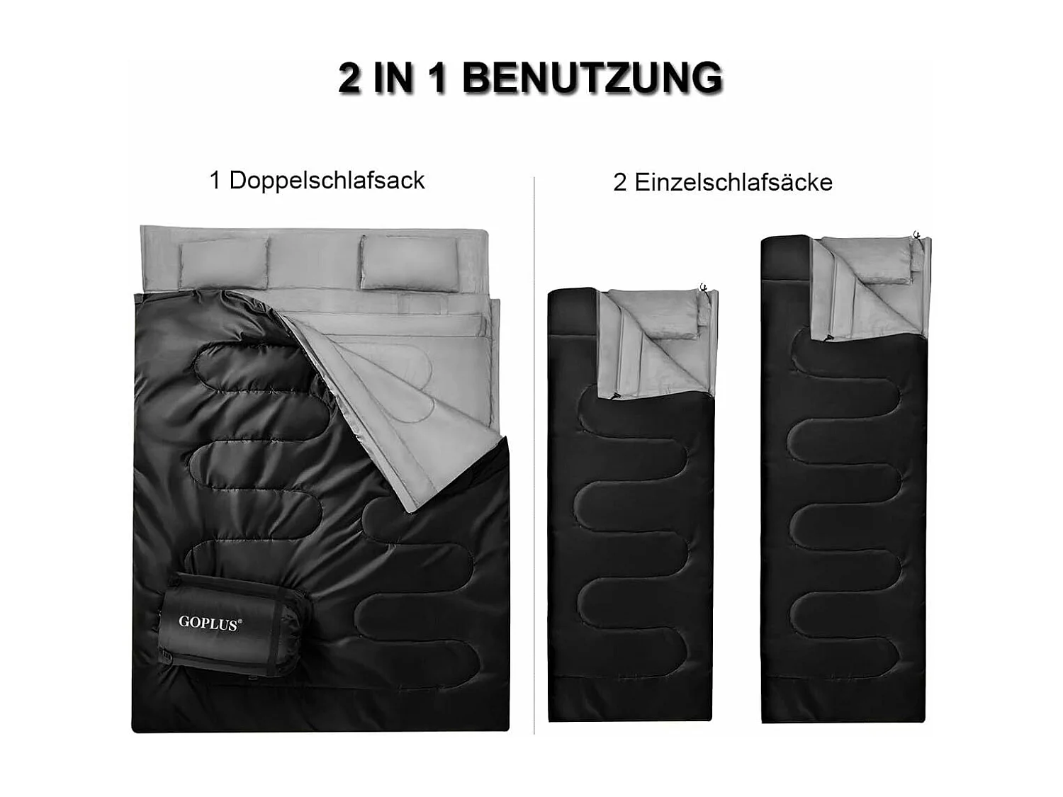 Dubbele slaapzak 2 persoons,220x150cm, waterdichte lichtgewicht slaapzak met 2 kussens en draagtas voor kamperen,wandelen en reizen (Zwart)AB5872