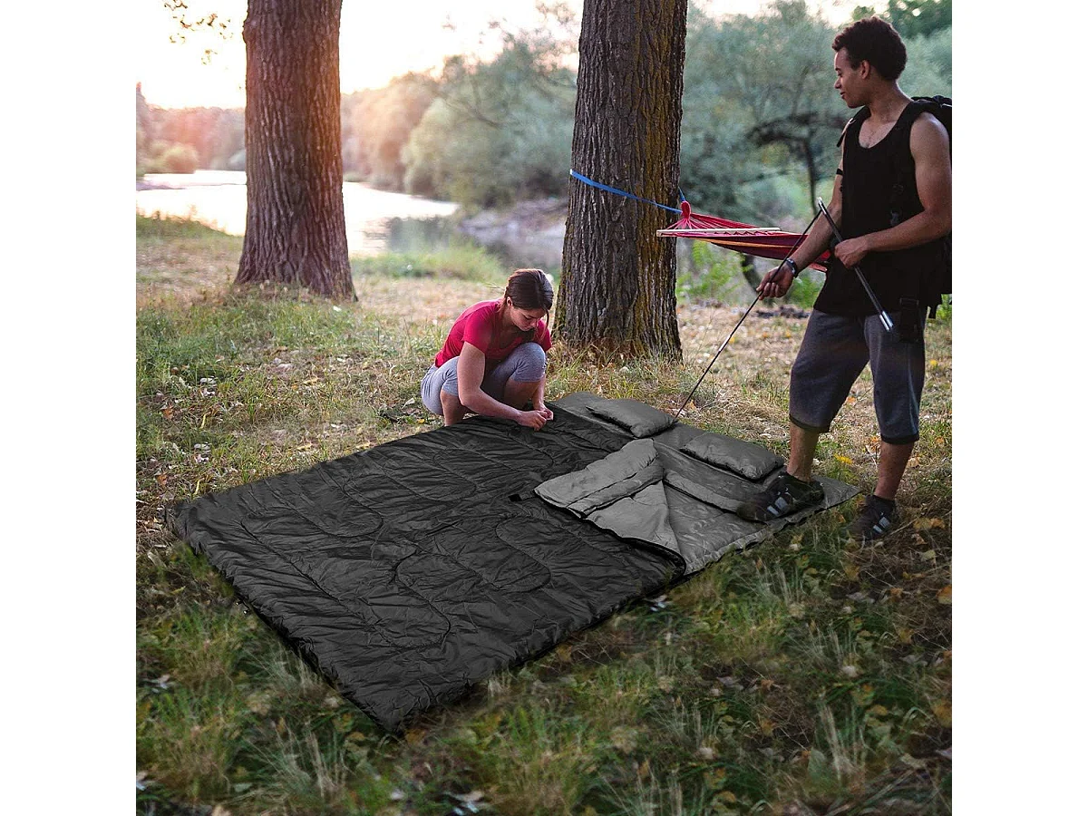 Dubbele slaapzak 2 persoons,220x150cm, waterdichte lichtgewicht slaapzak met 2 kussens en draagtas voor kamperen,wandelen en reizen (Zwart)AB5872