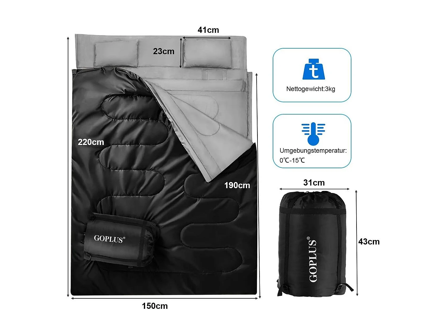 Dubbele slaapzak 2 persoons,220x150cm, waterdichte lichtgewicht slaapzak met 2 kussens en draagtas voor kamperen,wandelen en reizen (Zwart)AB5872