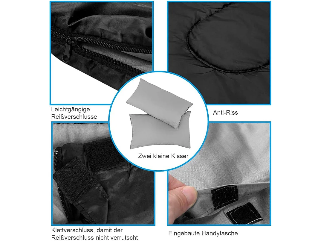 Dubbele slaapzak 2 persoons,220x150cm, waterdichte lichtgewicht slaapzak met 2 kussens en draagtas voor kamperen,wandelen en reizen (Zwart)AB5872