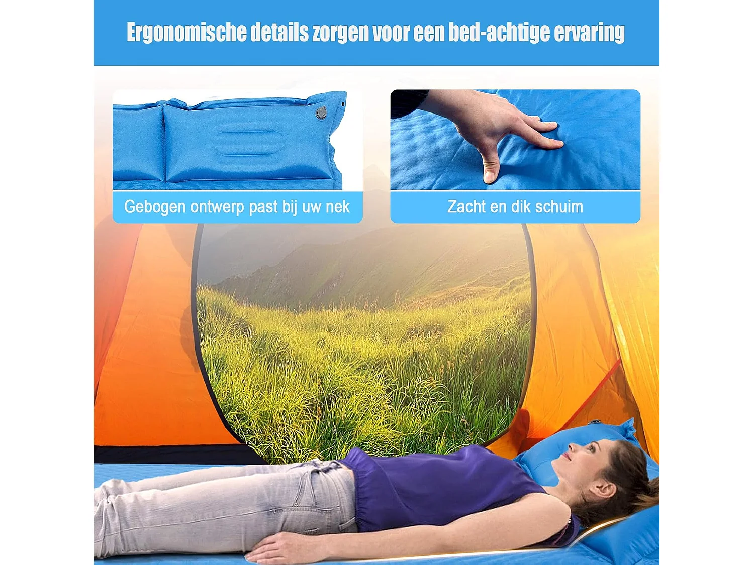 Zelfopblazende kampeermat, comfortabele buiten slaapmat met kussens, snel opblazen en weer leeglopen,kamperen/wandelen/reizen, waterdichtAB92944