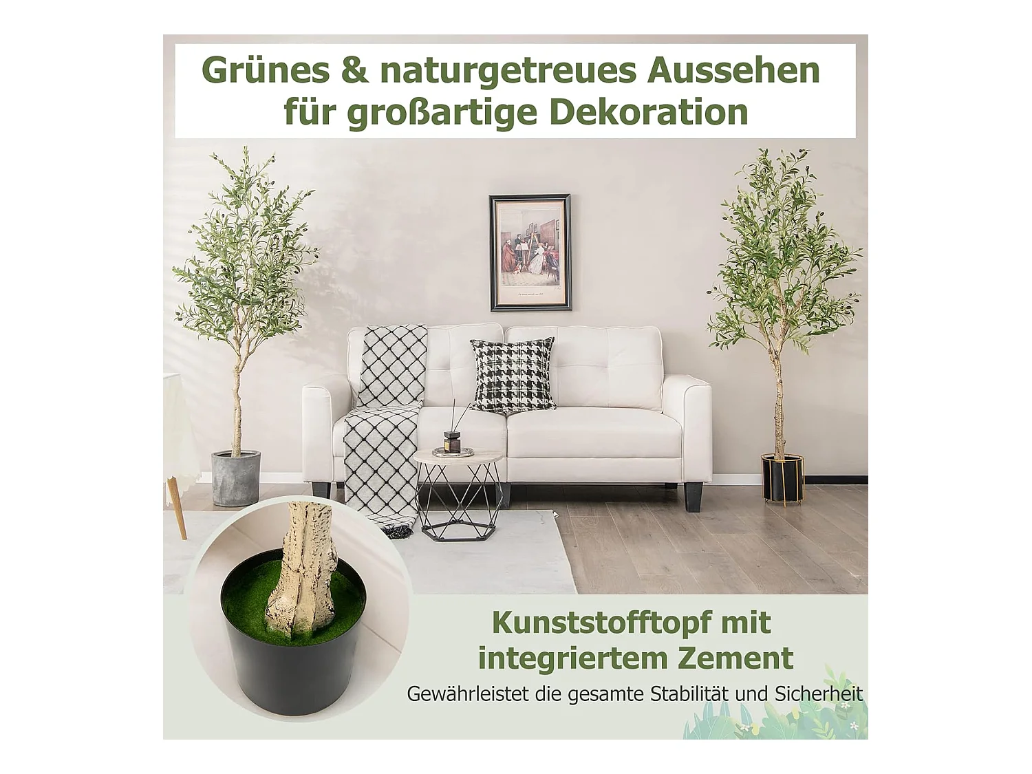 Kunstolijfboom, kunstplant 180 cm, kamerplant met cementpot, natuurlijke bladeren, kunstboom voor tuin, kantoor, thuis, kunstplanten, groen