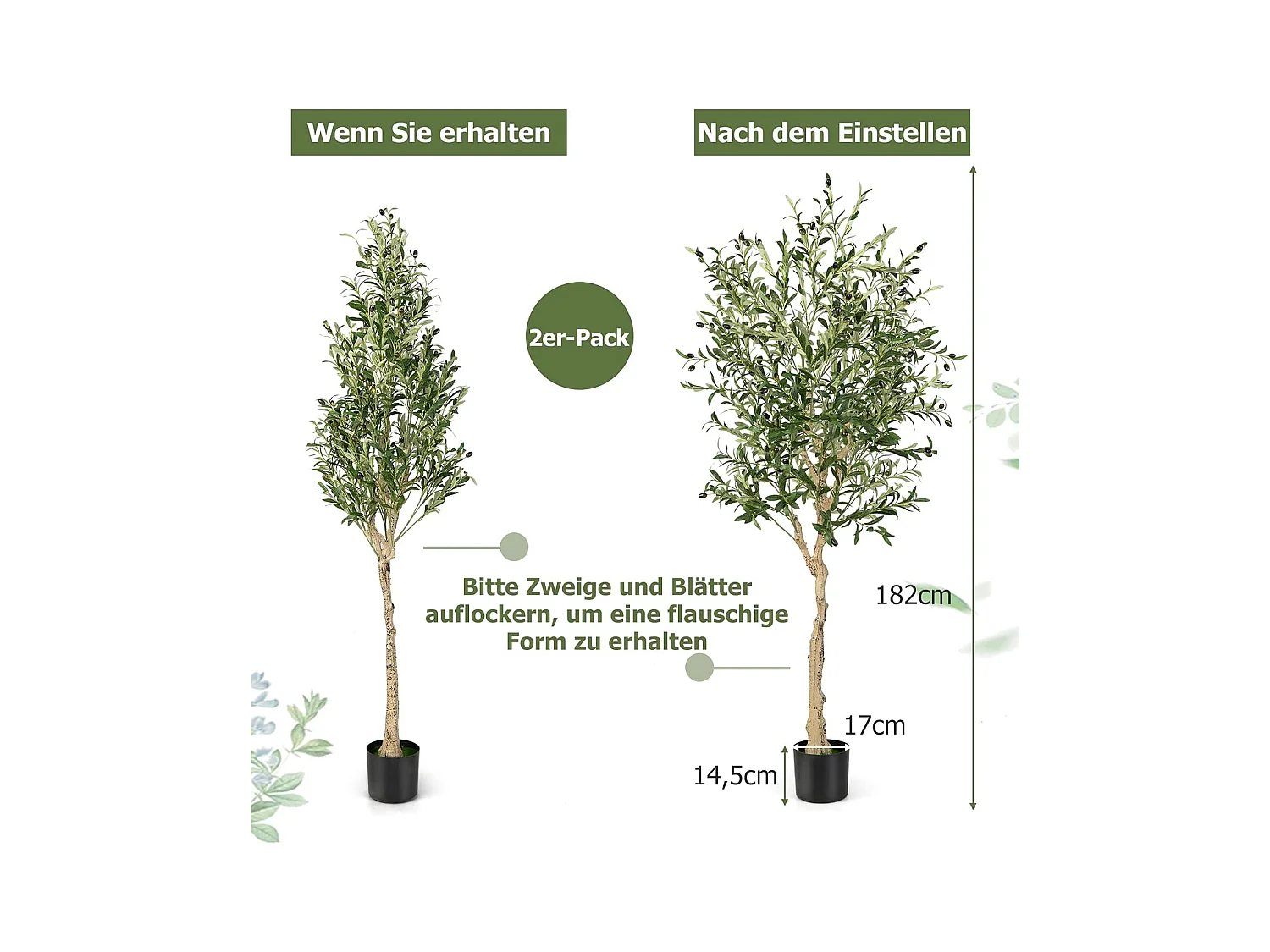 Kunstolijfboom, kunstplant 180 cm, kamerplant met cementpot, natuurlijke bladeren, kunstboom voor tuin, kantoor, thuis, kunstplanten, groen