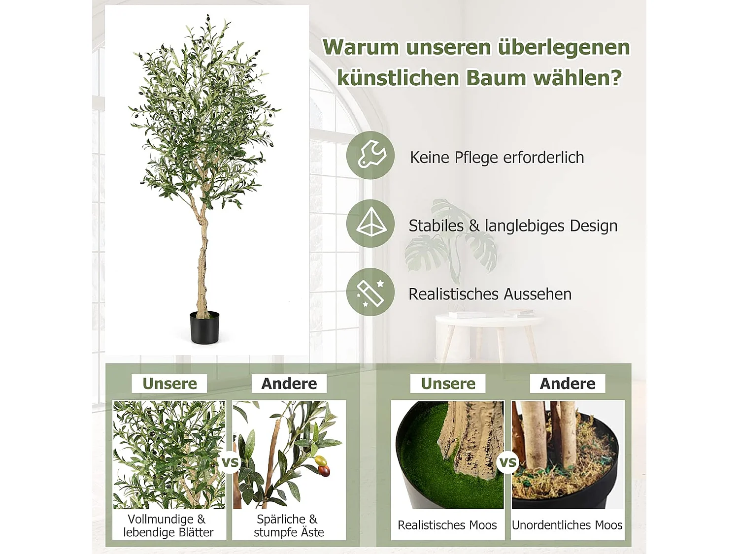 Kunstolijfboom, kunstplant 180 cm, kamerplant met cementpot, natuurlijke bladeren, kunstboom voor tuin, kantoor, thuis, kunstplanten, groen