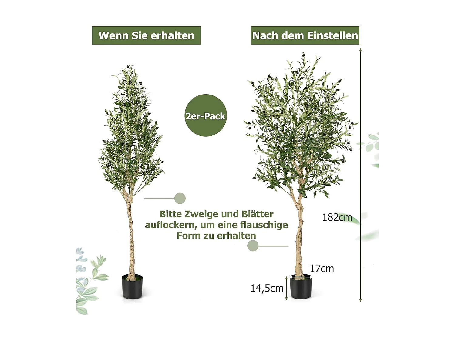 Kunstolijfboom, kunstplant 180 cm, kamerplant met cementpot, natuurlijke bladeren, kunstboom voor tuin, kantoor, thuis, kunstplanten, groen