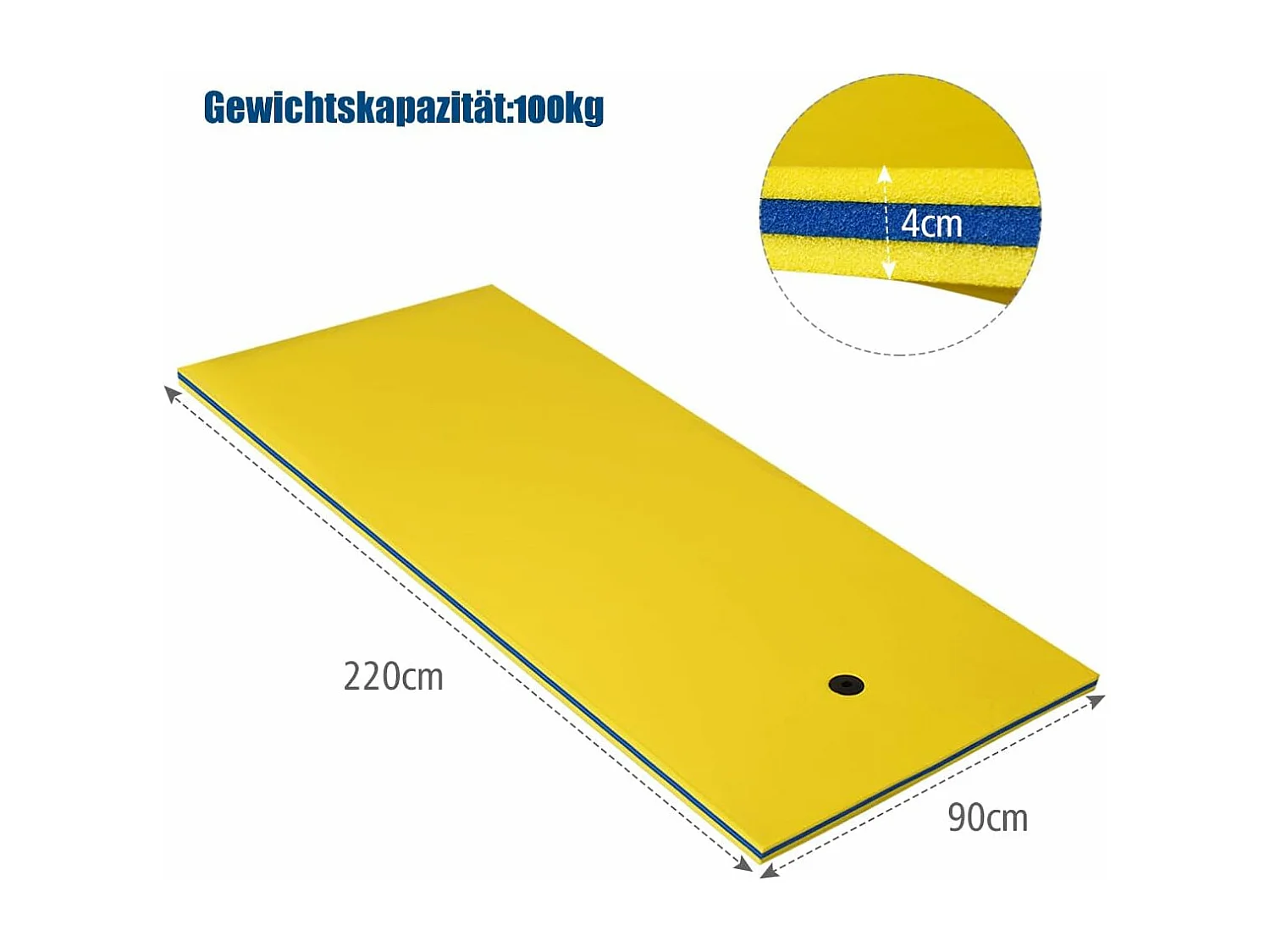 Zwemmat 220 x 90 cm, drijvende watermat tot 100 kg belastbaar, drijvende mat van scheurbestendig XPE-schuim, waterligstoel,(geel)AB92210
