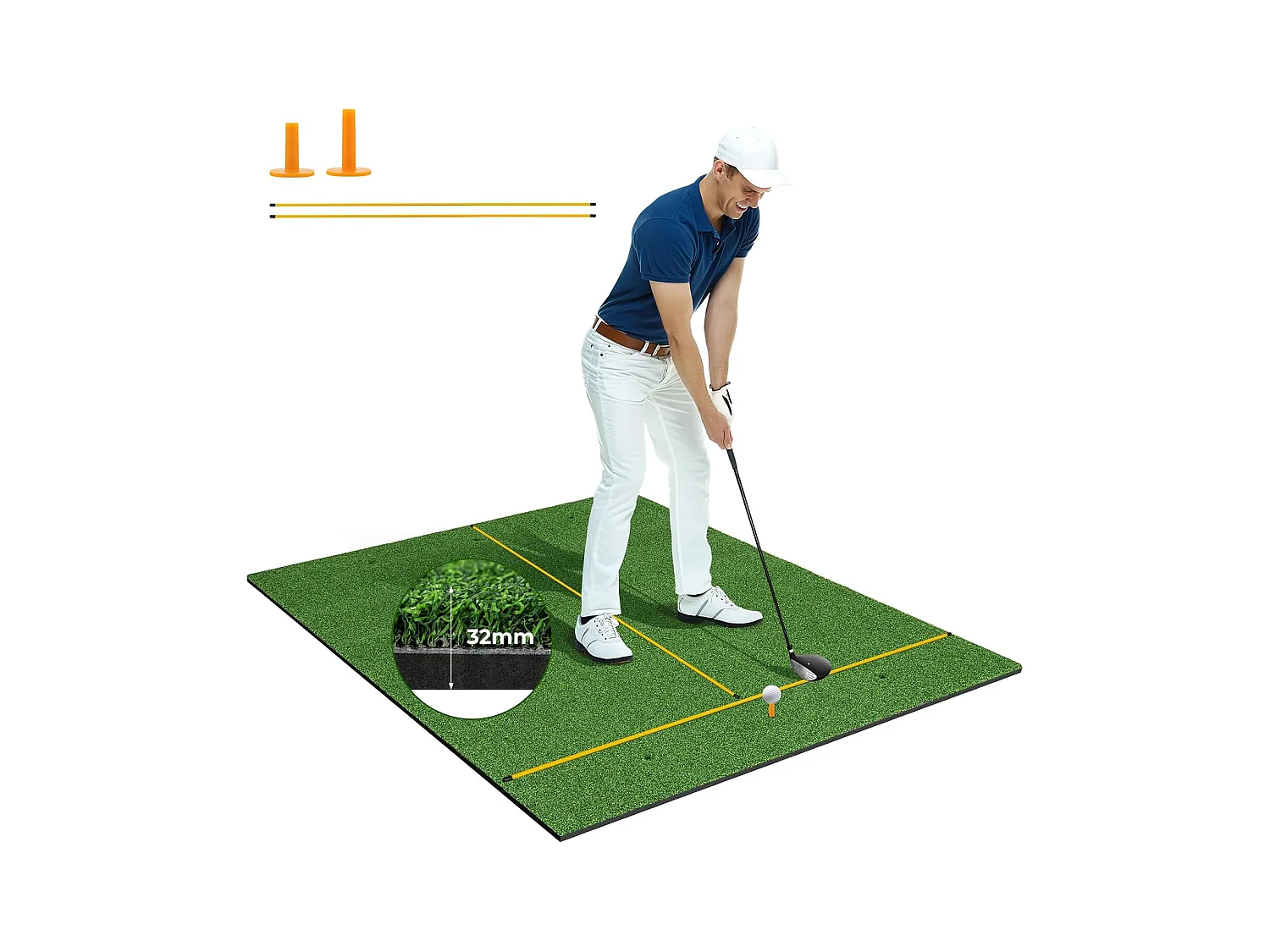 Golf afslagmat, golfoefenmat incl. 2 rubberen tees en 2 uitlijningsstaven, golfmat met 6 afslagposities, voor binnen en buiten