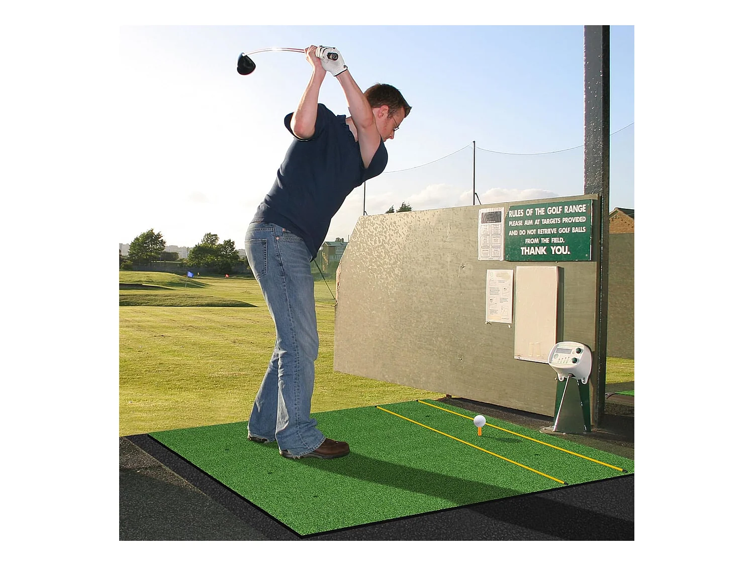 Golf afslagmat, golfoefenmat incl. 2 rubberen tees en 2 uitlijningsstaven, golfmat met 6 afslagposities, voor binnen en buiten