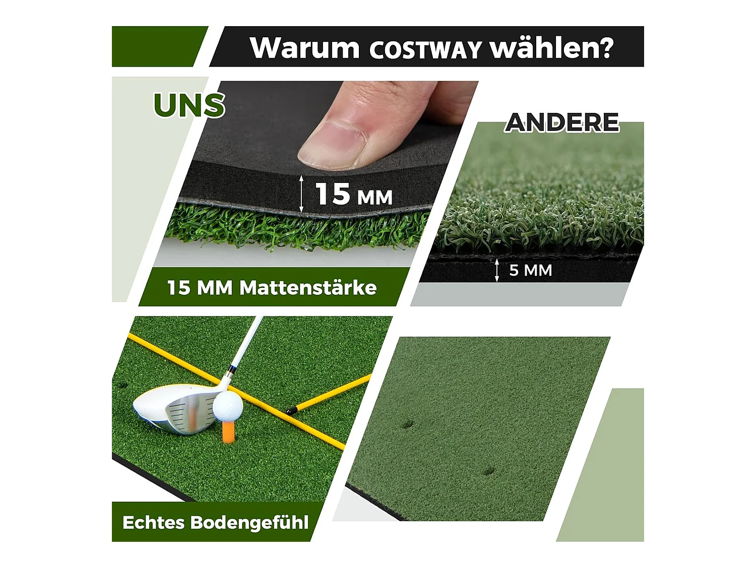 Golf afslagmat, golfoefenmat incl. 2 rubberen tees en 2 uitlijningsstaven, golfmat met 6 afslagposities, voor binnen en buiten