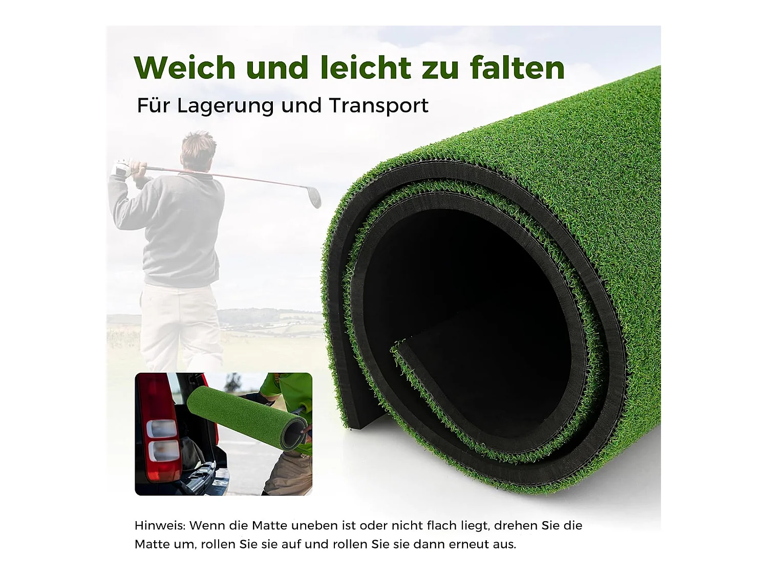 Golf afslagmat, golfoefenmat incl. 2 rubberen tees en 2 uitlijningsstaven, golfmat met 6 afslagposities, voor binnen en buiten