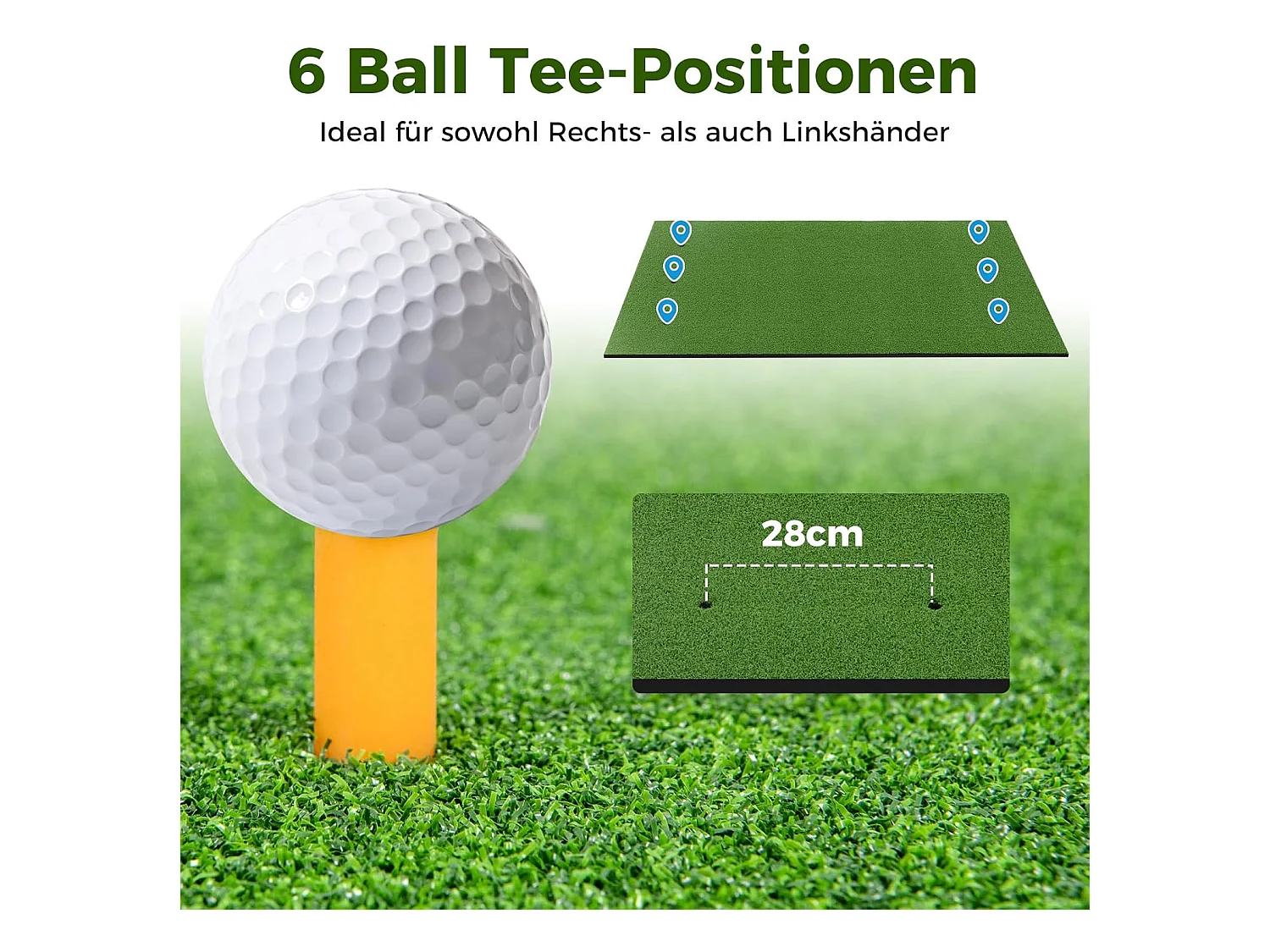 Golf afslagmat, golfoefenmat incl. 2 rubberen tees en 2 uitlijningsstaven, golfmat met 6 afslagposities, voor binnen en buiten