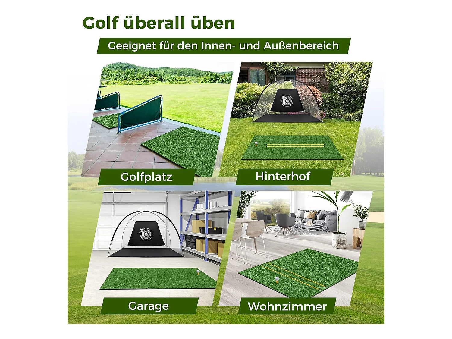Golf afslagmat, golfoefenmat incl. 2 rubberen tees en 2 uitlijningsstaven, golfmat met 6 afslagposities, voor binnen en buiten