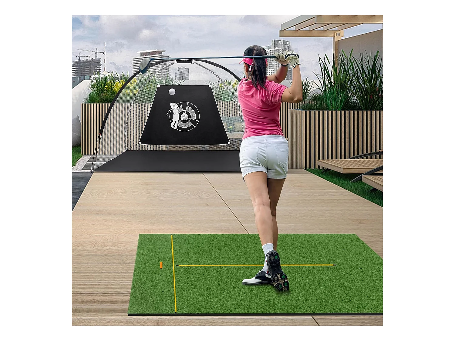 Golf afslagmat, golfoefenmat incl. 2 rubberen tees en 2 uitlijningsstaven, golfmat met 6 afslagposities, voor binnen en buiten