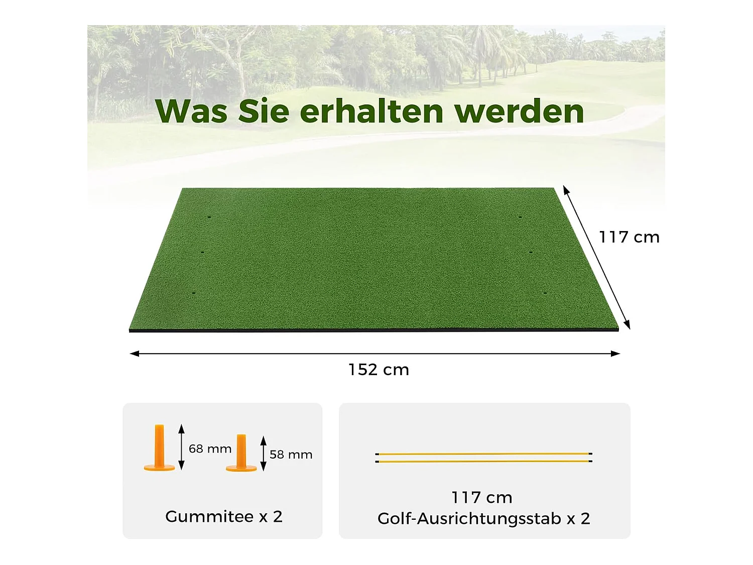 Golf afslagmat, golfoefenmat incl. 2 rubberen tees en 2 uitlijningsstaven, golfmat met 6 afslagposities, voor binnen en buiten