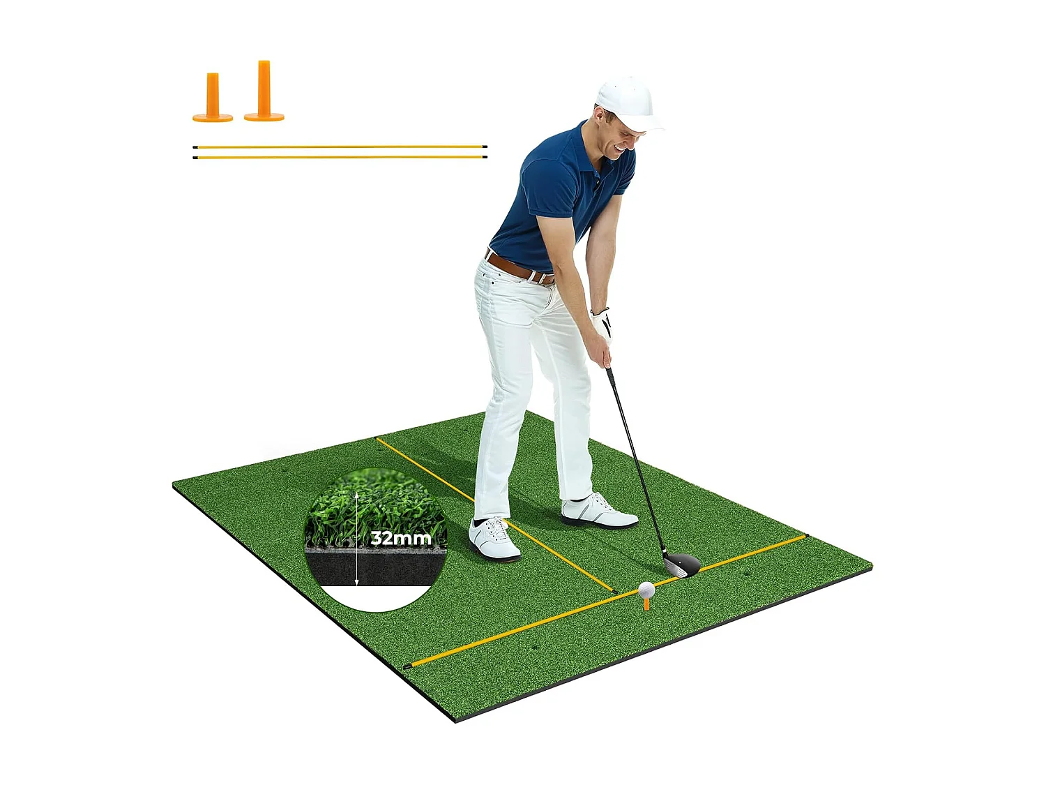 Golf afslagmat, golfoefenmat incl. 2 rubberen tees en 2 uitlijningsstaven, golfmat met 6 afslagposities, voor binnen en buiten
