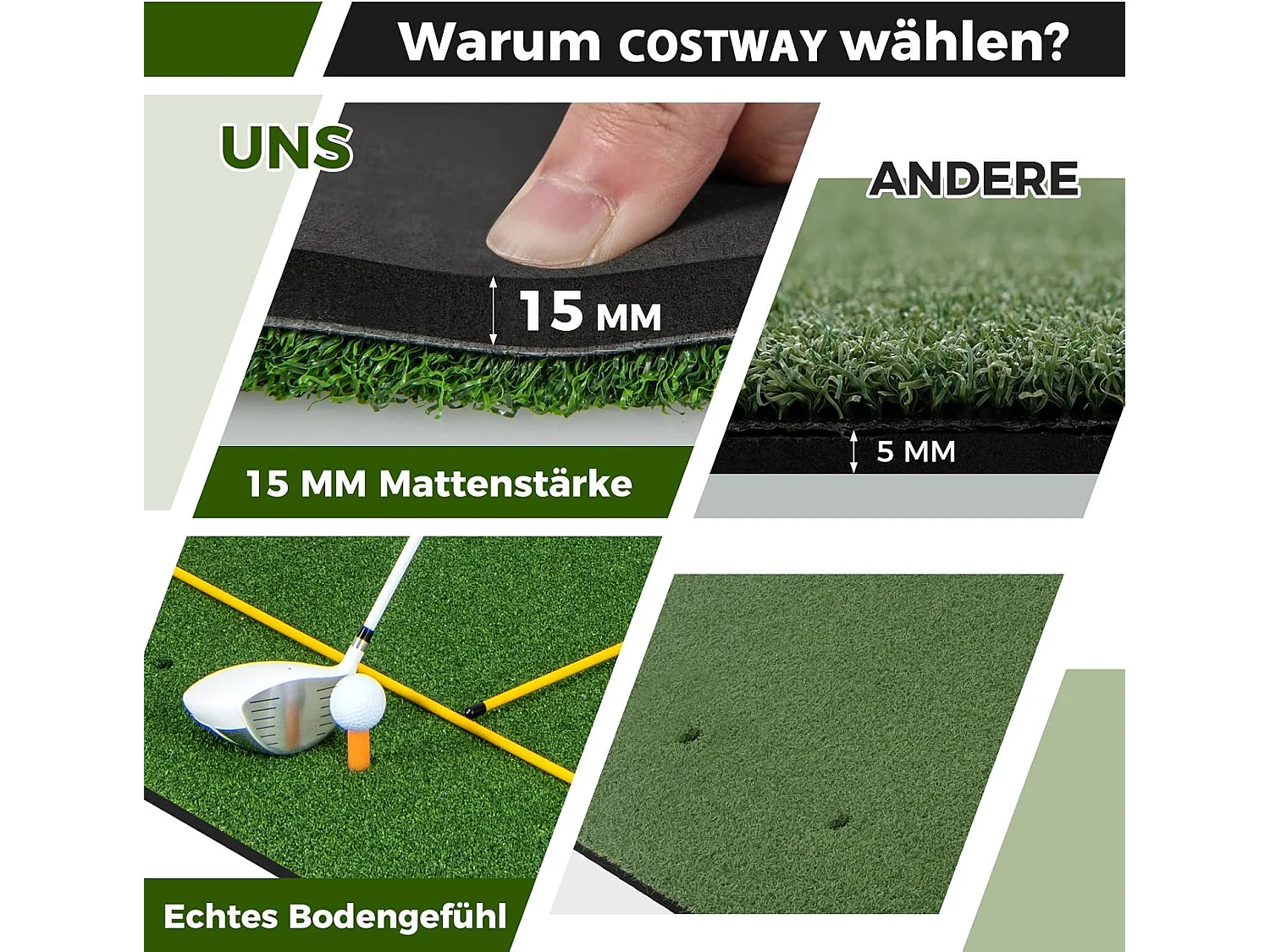 Golf afslagmat, golfoefenmat incl. 2 rubberen tees en 2 uitlijningsstaven, golfmat met 6 afslagposities, voor binnen en buiten