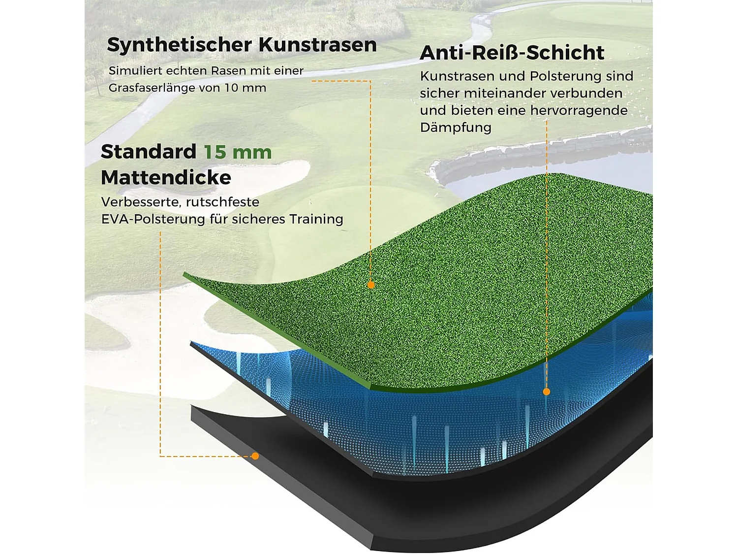 Golf afslagmat, golfoefenmat incl. 2 rubberen tees en 2 uitlijningsstaven, golfmat met 6 afslagposities, voor binnen en buiten