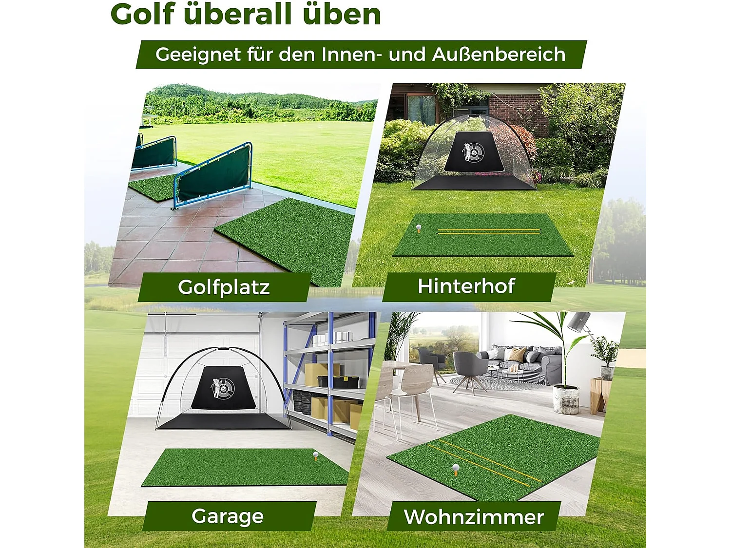 Golf afslagmat, golfoefenmat incl. 2 rubberen tees en 2 uitlijningsstaven, golfmat met 6 afslagposities, voor binnen en buiten