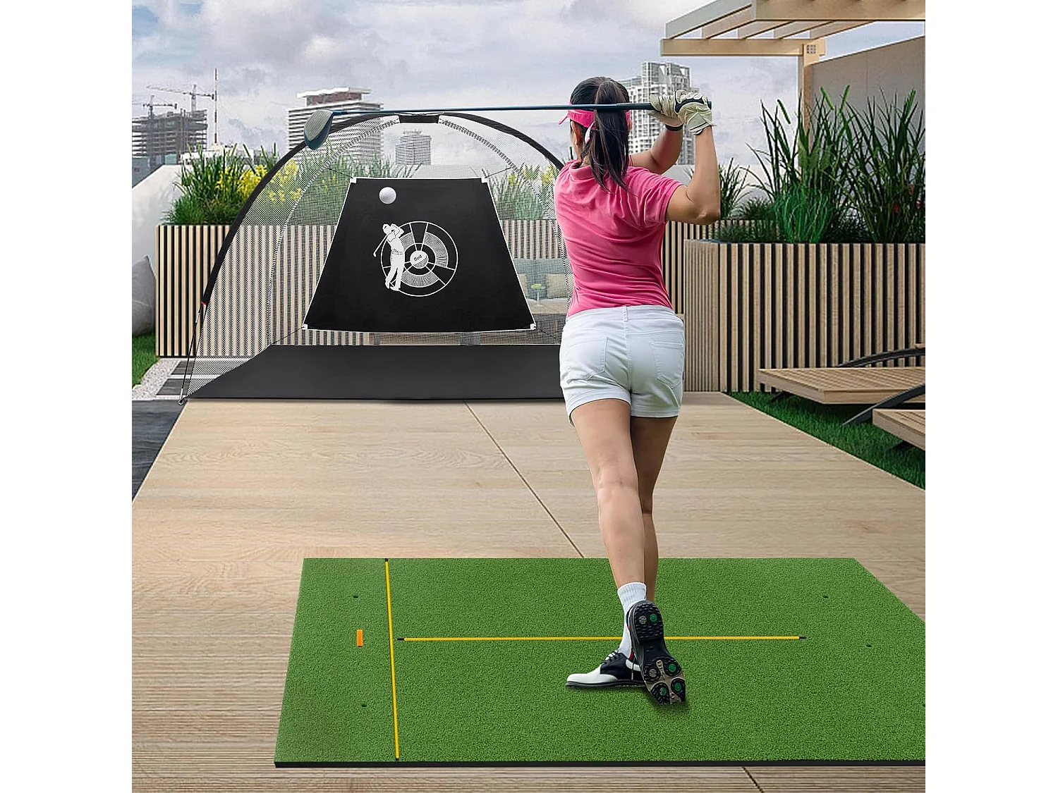 Golf afslagmat, golfoefenmat incl. 2 rubberen tees en 2 uitlijningsstaven, golfmat met 6 afslagposities, voor binnen en buiten