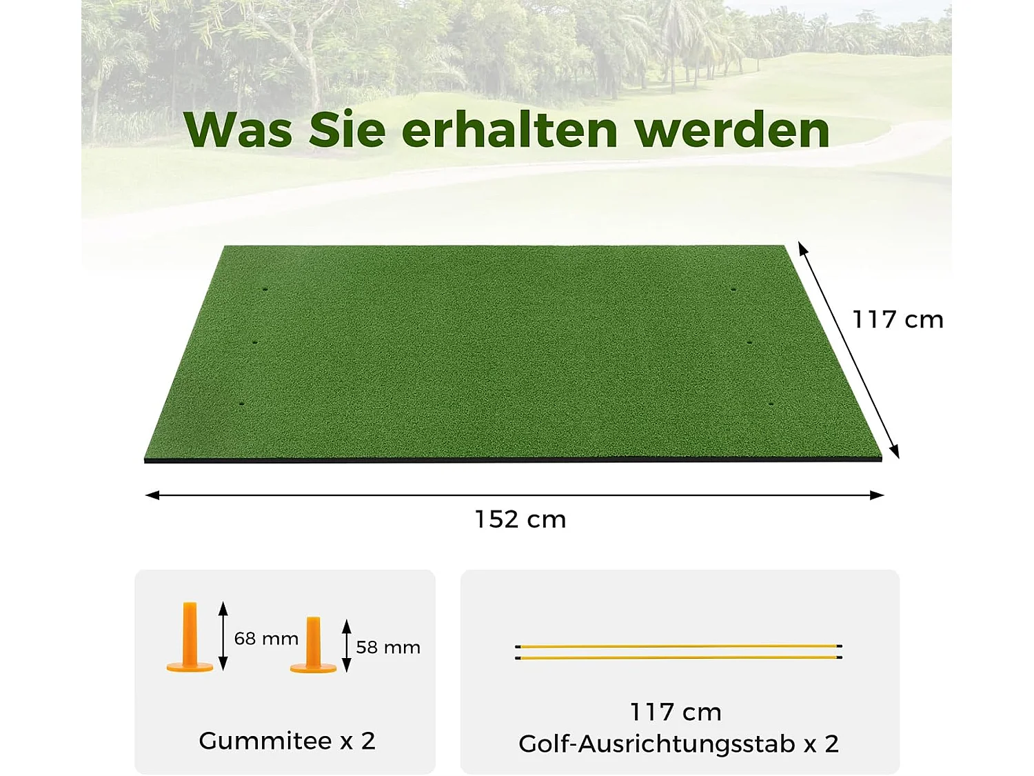 Golf afslagmat, golfoefenmat incl. 2 rubberen tees en 2 uitlijningsstaven, golfmat met 6 afslagposities, voor binnen en buiten