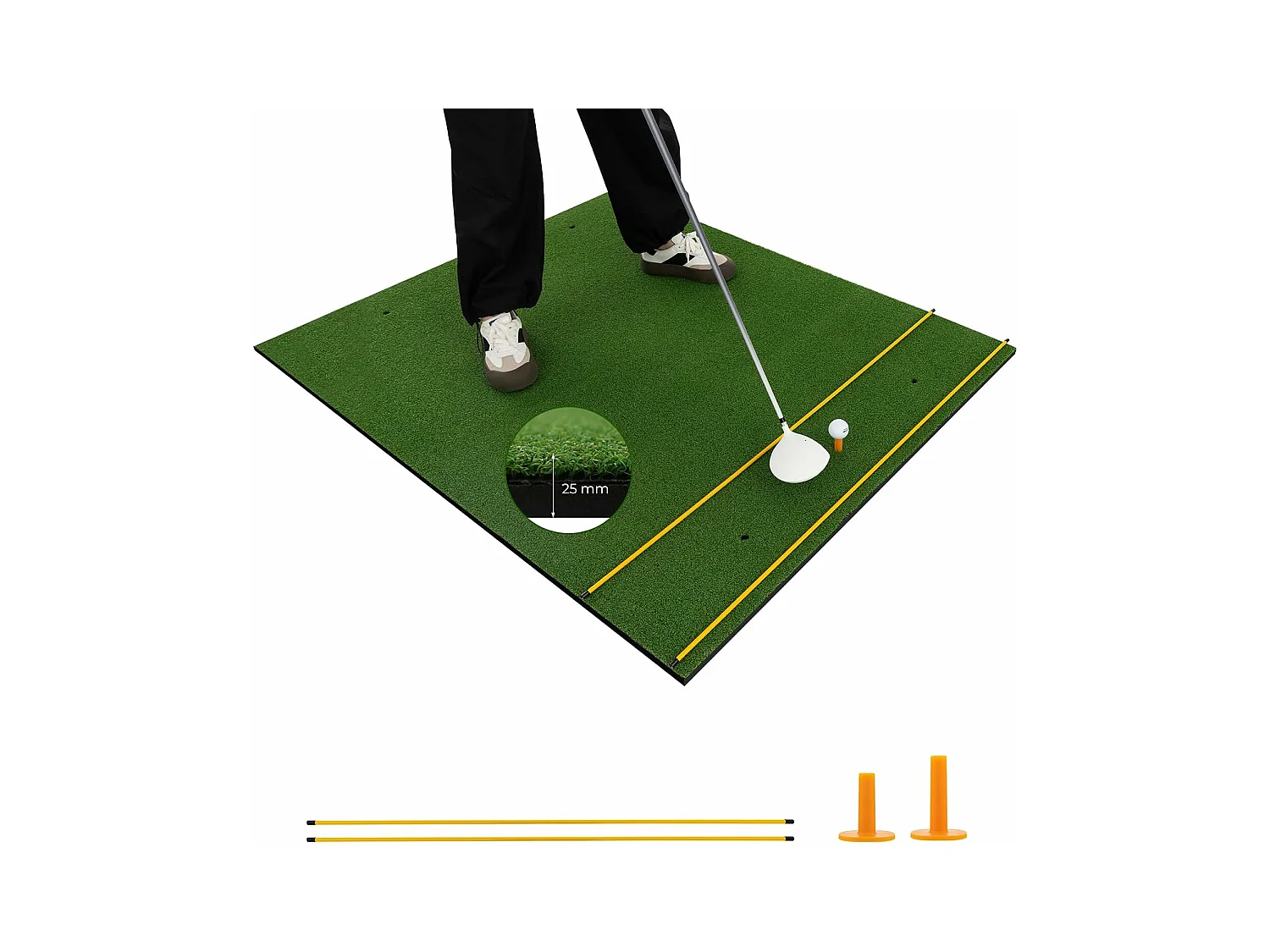 Golf afslagmat, 152 x 117 cm, golfoefenmat incl. 2 rubberen tees en 2 uitlijningsstaven, golfmat, voor binnen en buiten (152 x 117 cm, 25 mm)