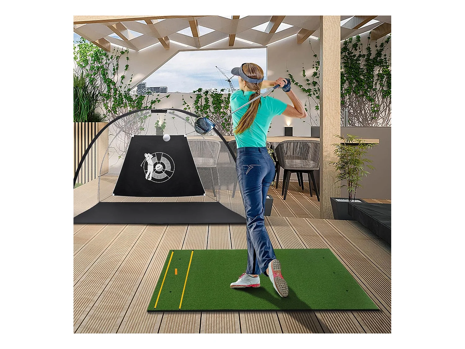 Golf afslagmat, 152 x 117 cm, golfoefenmat incl. 2 rubberen tees en 2 uitlijningsstaven, golfmat, voor binnen en buiten (152 x 117 cm, 25 mm)