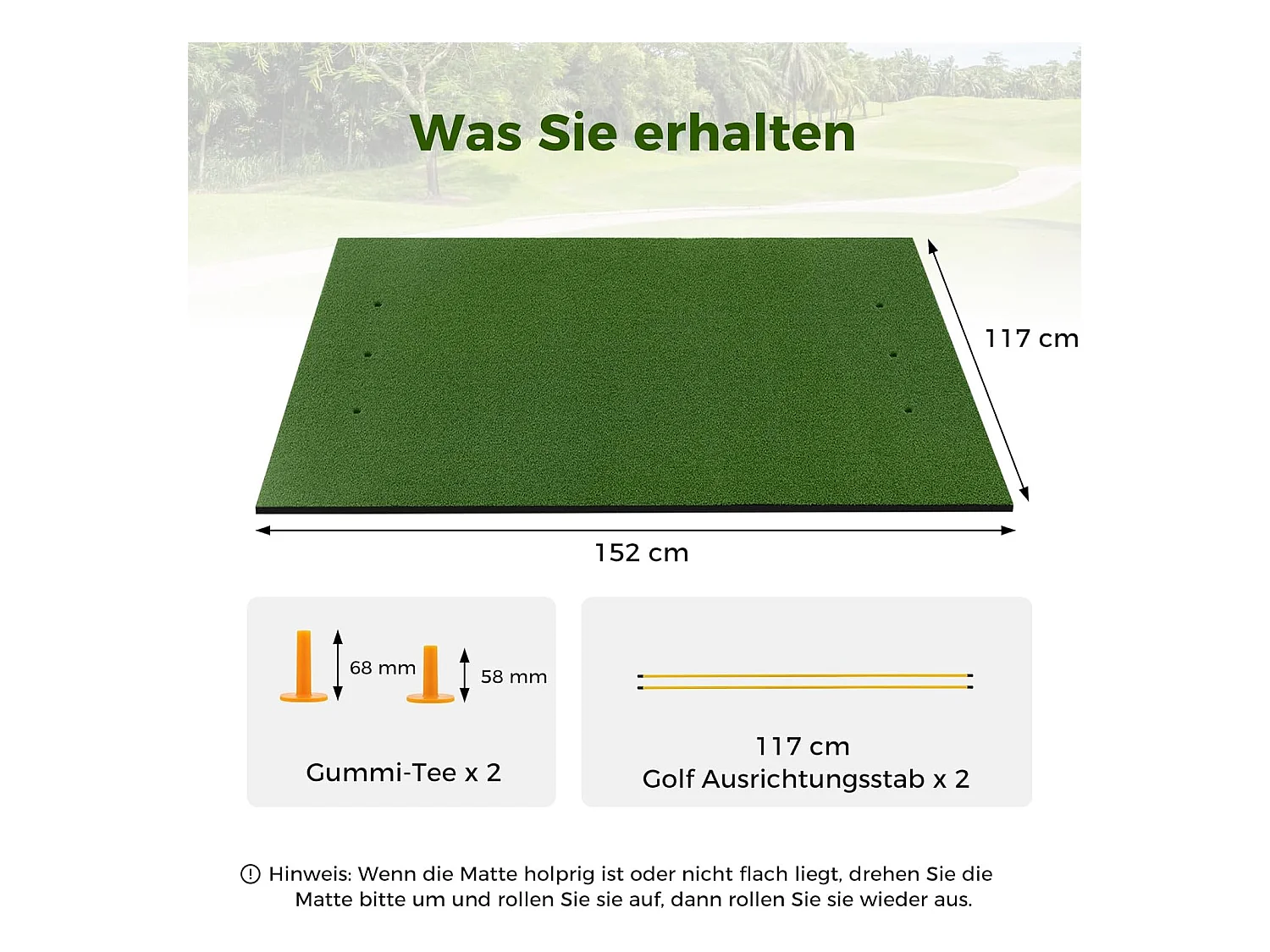 Golf afslagmat, 152 x 117 cm, golfoefenmat incl. 2 rubberen tees en 2 uitlijningsstaven, golfmat, voor binnen en buiten (152 x 117 cm, 25 mm)