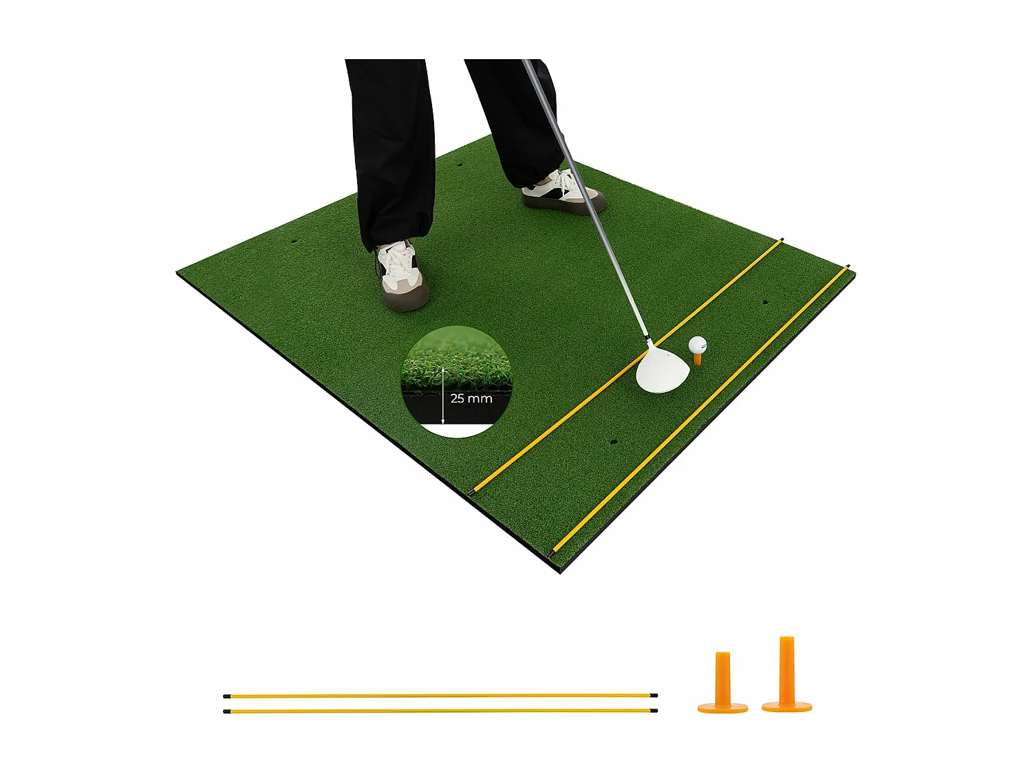 Golf afslagmat, 152 x 117 cm, golfoefenmat incl. 2 rubberen tees en 2 uitlijningsstaven, golfmat, voor binnen en buiten (152 x 117 cm, 25 mm)
