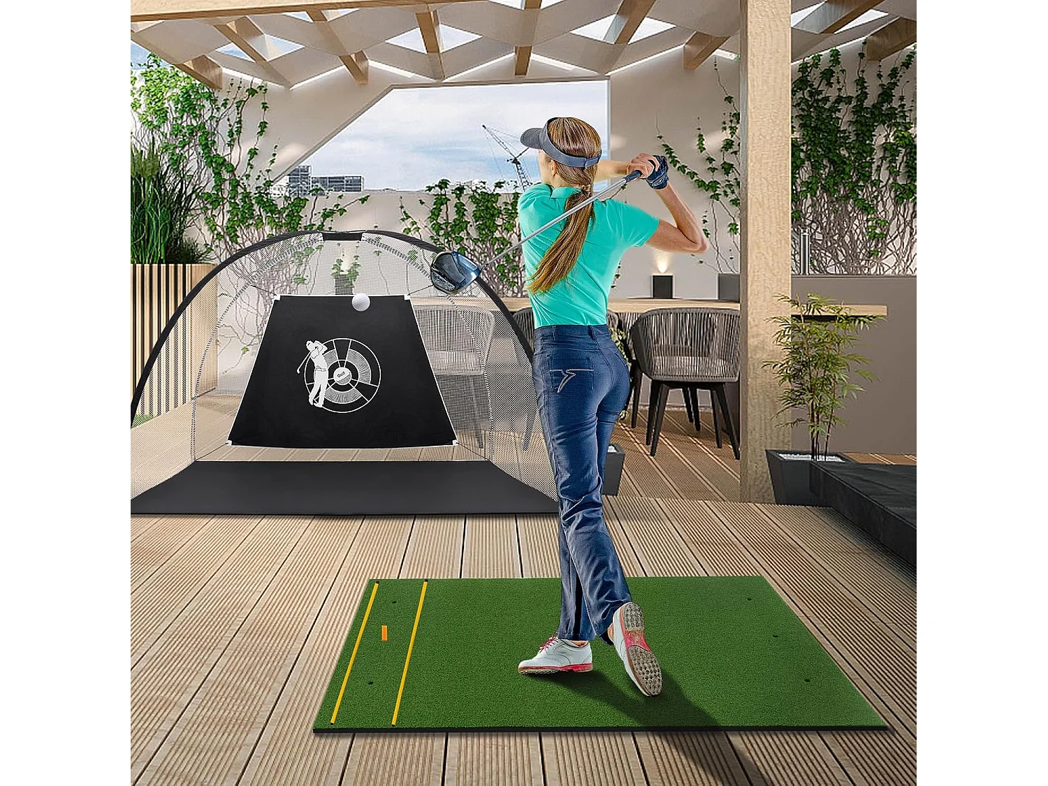 Golf afslagmat, 152 x 117 cm, golfoefenmat incl. 2 rubberen tees en 2 uitlijningsstaven, golfmat, voor binnen en buiten (152 x 117 cm, 25 mm)