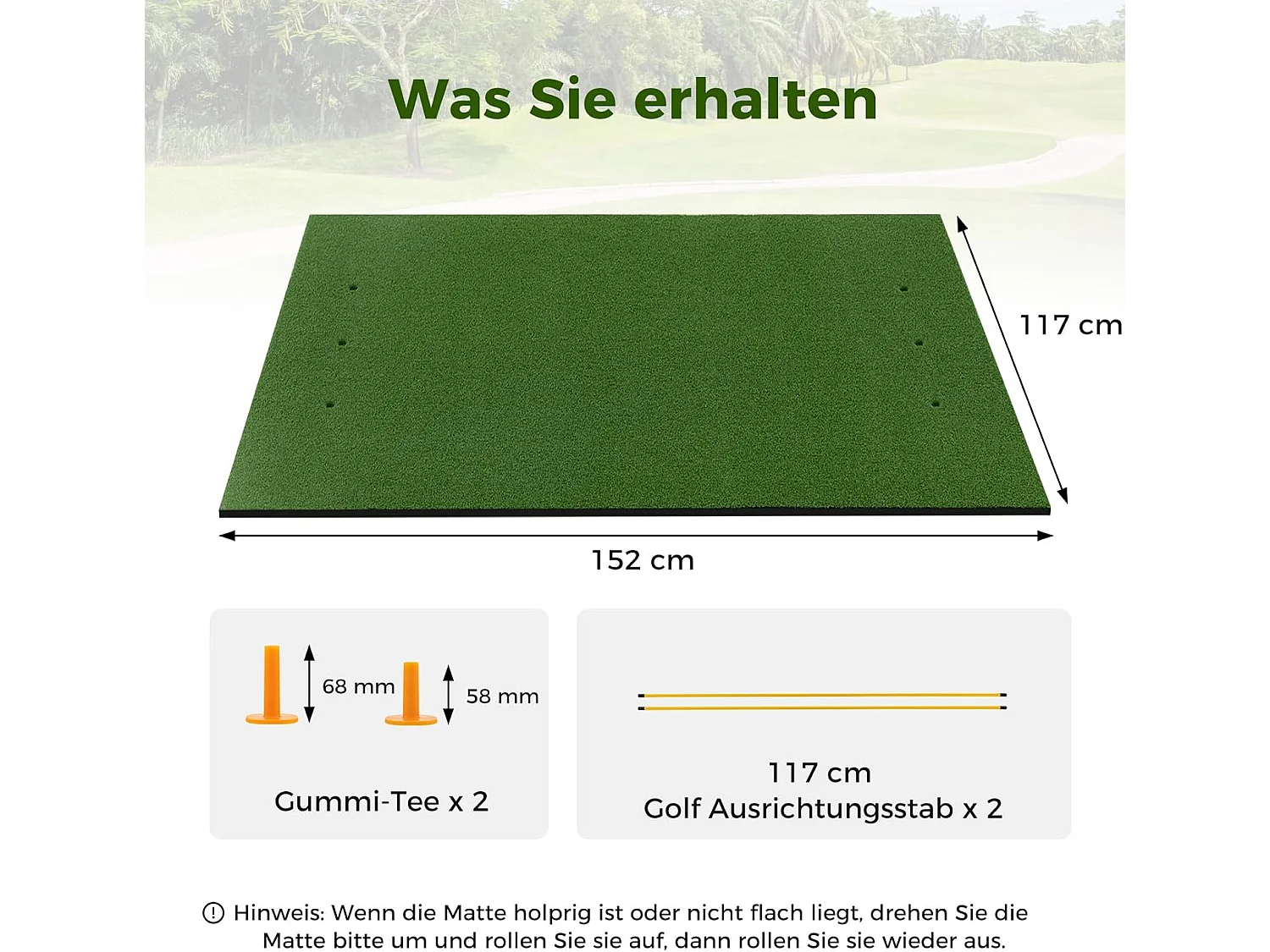 Golf afslagmat, 152 x 117 cm, golfoefenmat incl. 2 rubberen tees en 2 uitlijningsstaven, golfmat, voor binnen en buiten (152 x 117 cm, 25 mm)