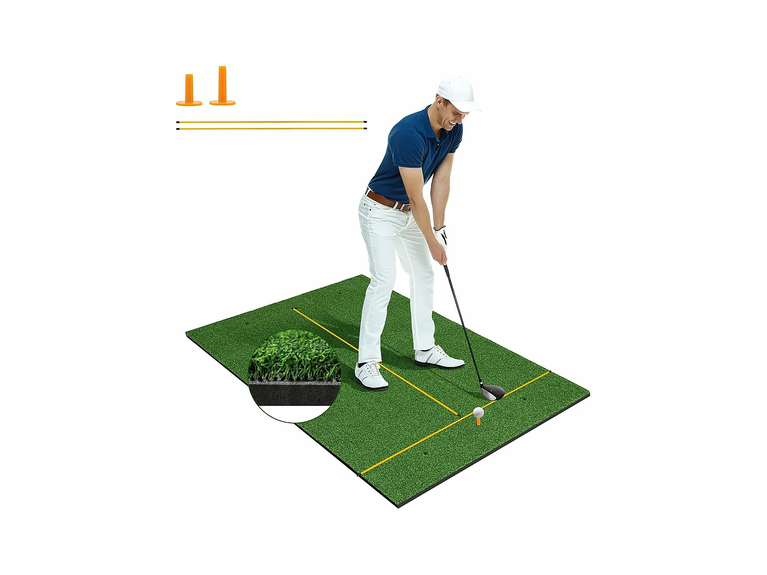 Golf afslagmat, golfoefenmat incl. 2 rubberen tees en 2 uitlijningsstaven, golfmat met 6 afslagposities, voor binnen en buiten