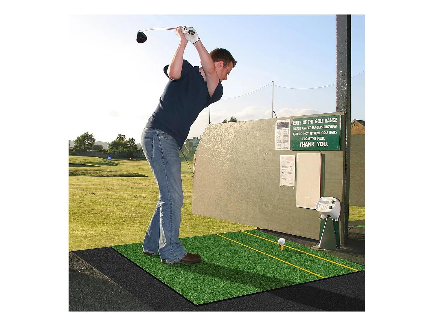 Golf afslagmat, golfoefenmat incl. 2 rubberen tees en 2 uitlijningsstaven, golfmat met 6 afslagposities, voor binnen en buiten