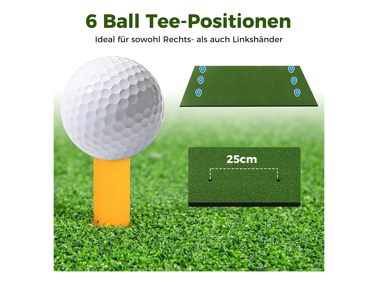 Golf afslagmat, golfoefenmat incl. 2 rubberen tees en 2 uitlijningsstaven, golfmat met 6 afslagposities, voor binnen en buiten